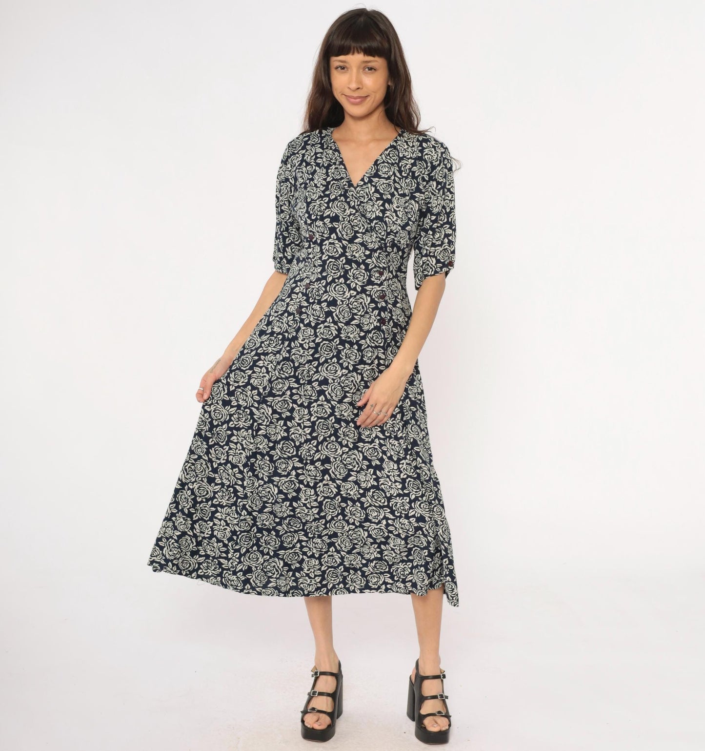 90s Floral Midi Dress Navy Cream Rose Print Wrap V-Neck Rayon Medium M