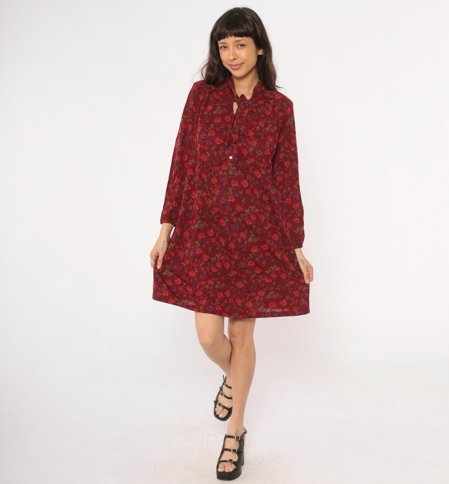80s Burgundy Floral Midi Dress Long Sleeve Tie Neck Button Front Medium