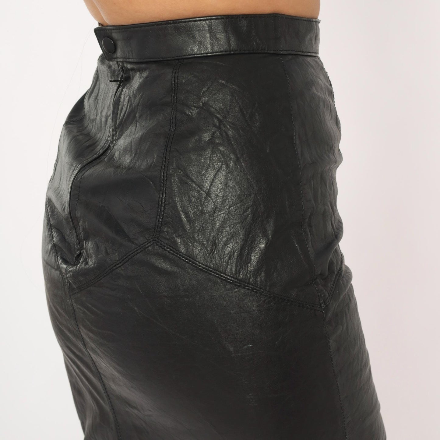 90s G 3 Leather Fashions Black Leather Pencil Skirt High Waist Midi XS