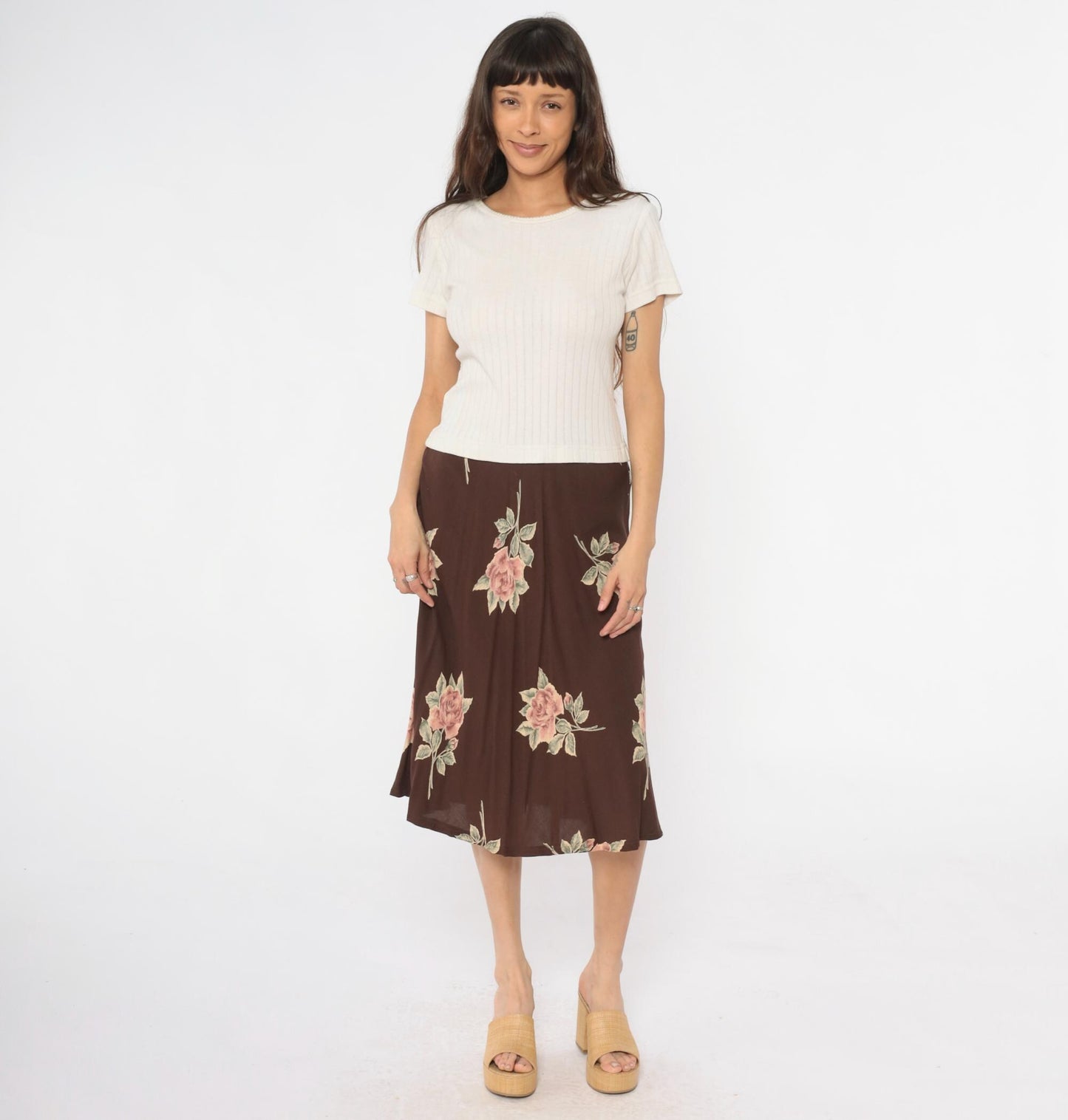 90s Cristina Colorblock Midi Dress Cream Ribbed Knit Brown Floral Medium