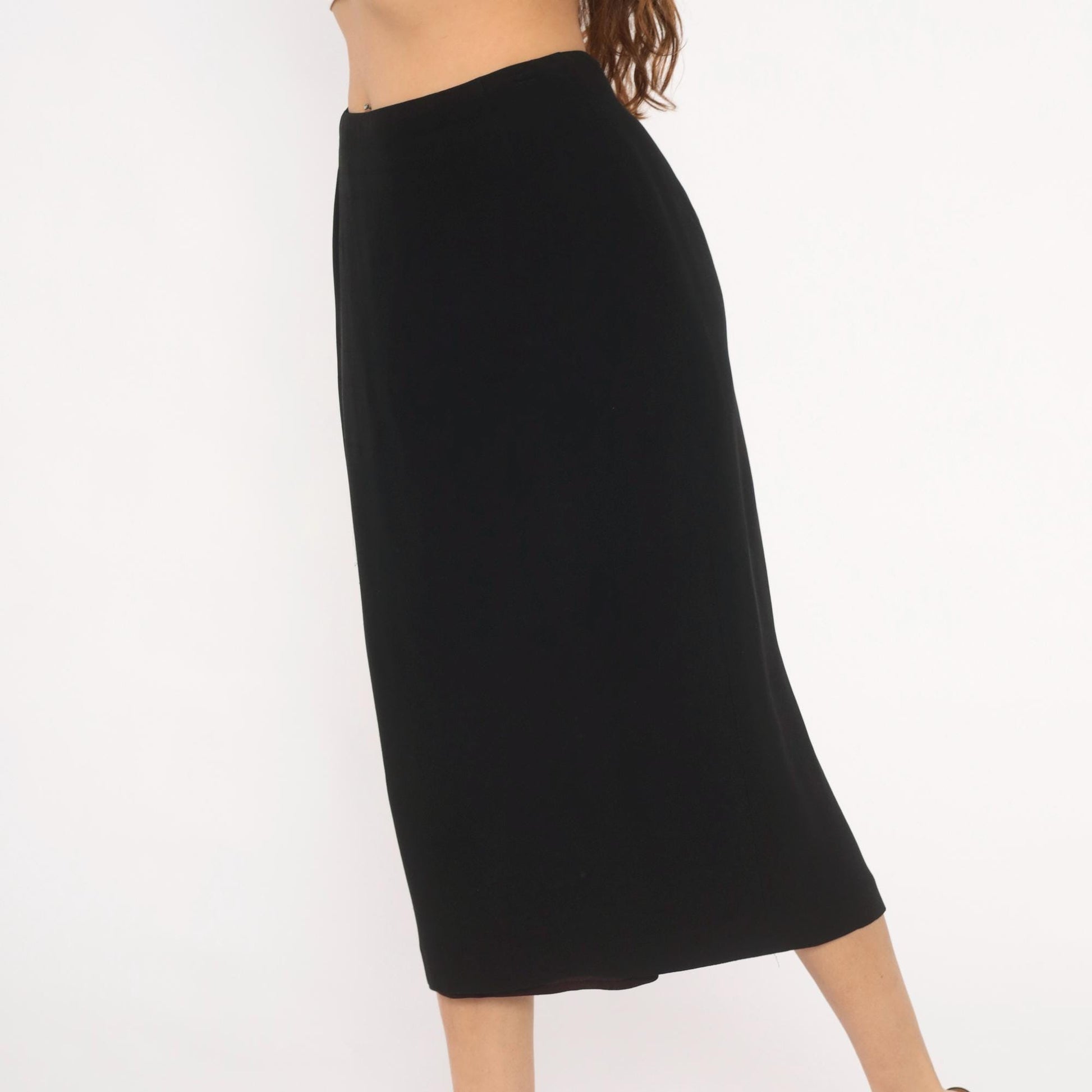 90s Noelle Black Pencil Skirt Midi High Waist Back Zip Small S