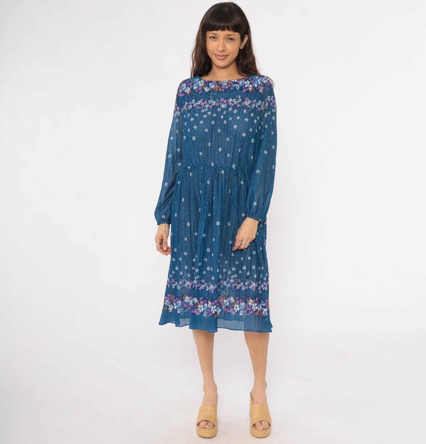 80s Malouf of Dallas Floral Midi Dress Blue Pleated Long Sleeve Medium