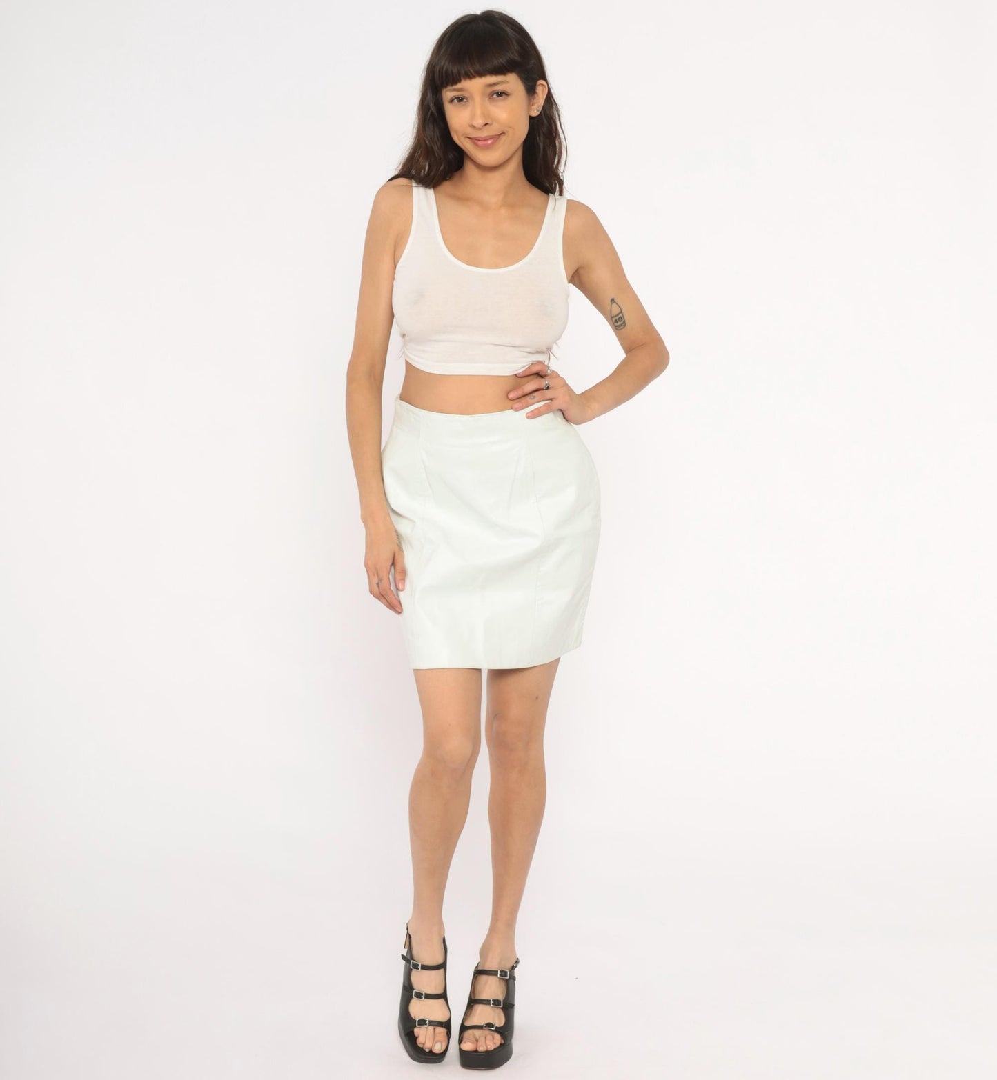 90s Byrnes & Baker White Leather Mini Skirt High Waist Pencil Medium M
