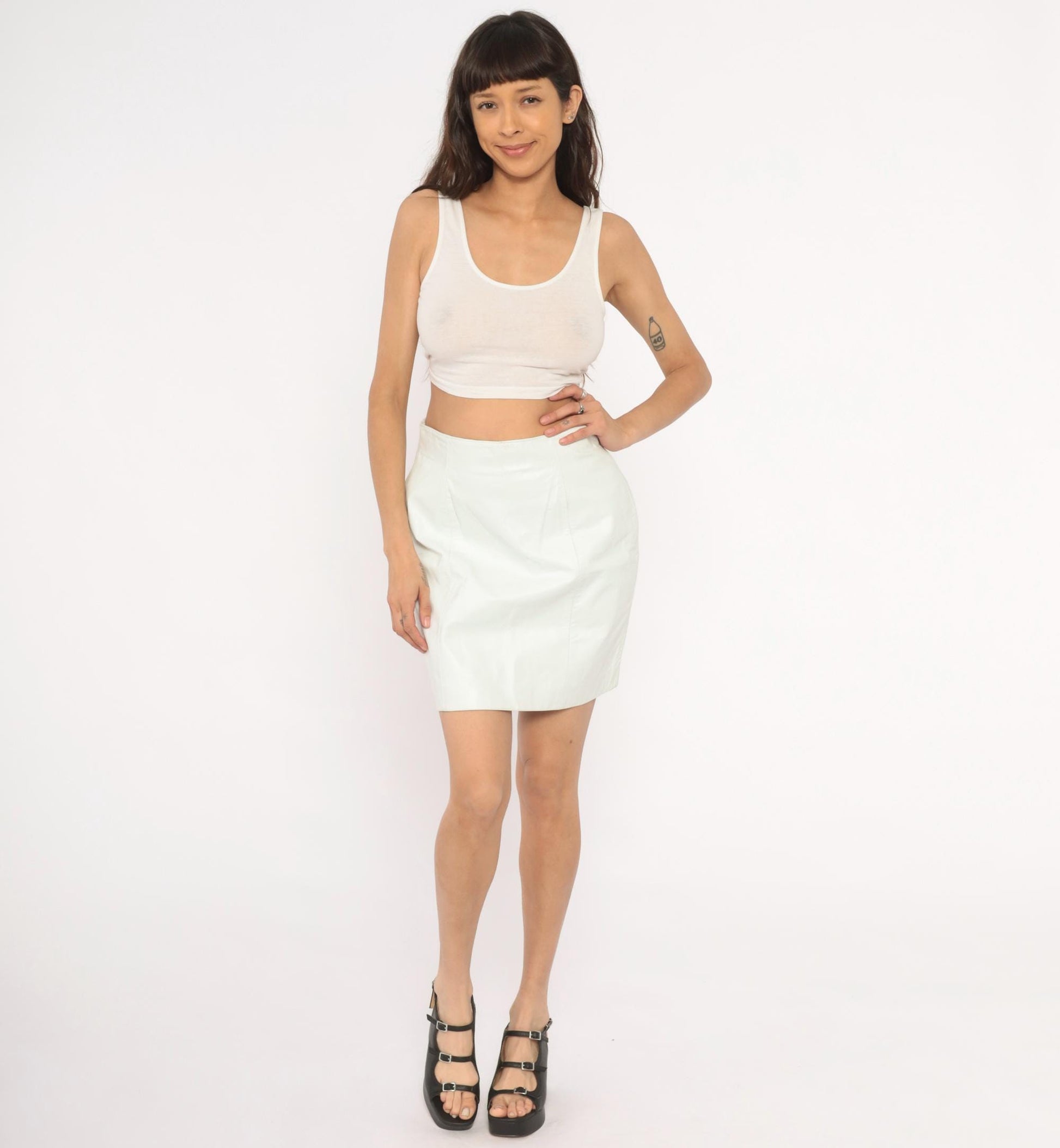 90s Byrnes & Baker White Leather Mini Skirt High Waist Pencil Medium M
