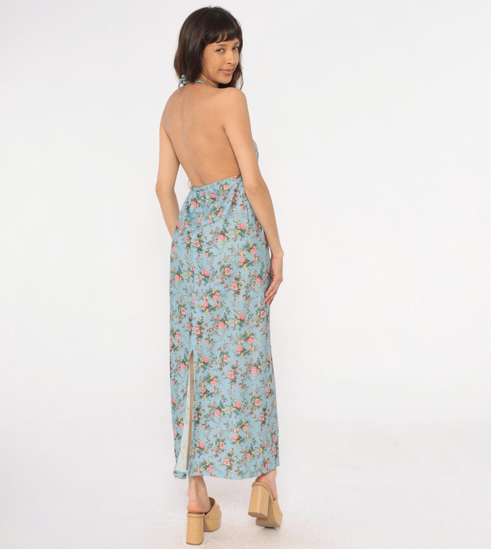 70s Light Blue Floral Maxi Halter Dress Empire Waist Pink Roses Small