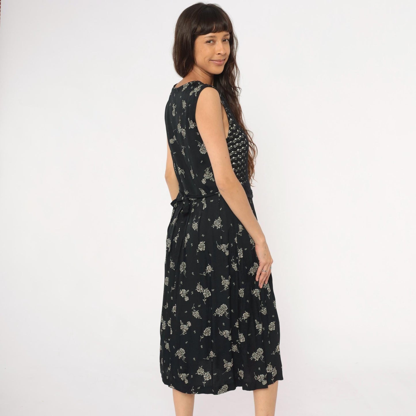 90s Molly Malloy Black Floral Midi Dress with Knit Vest Overlay Small