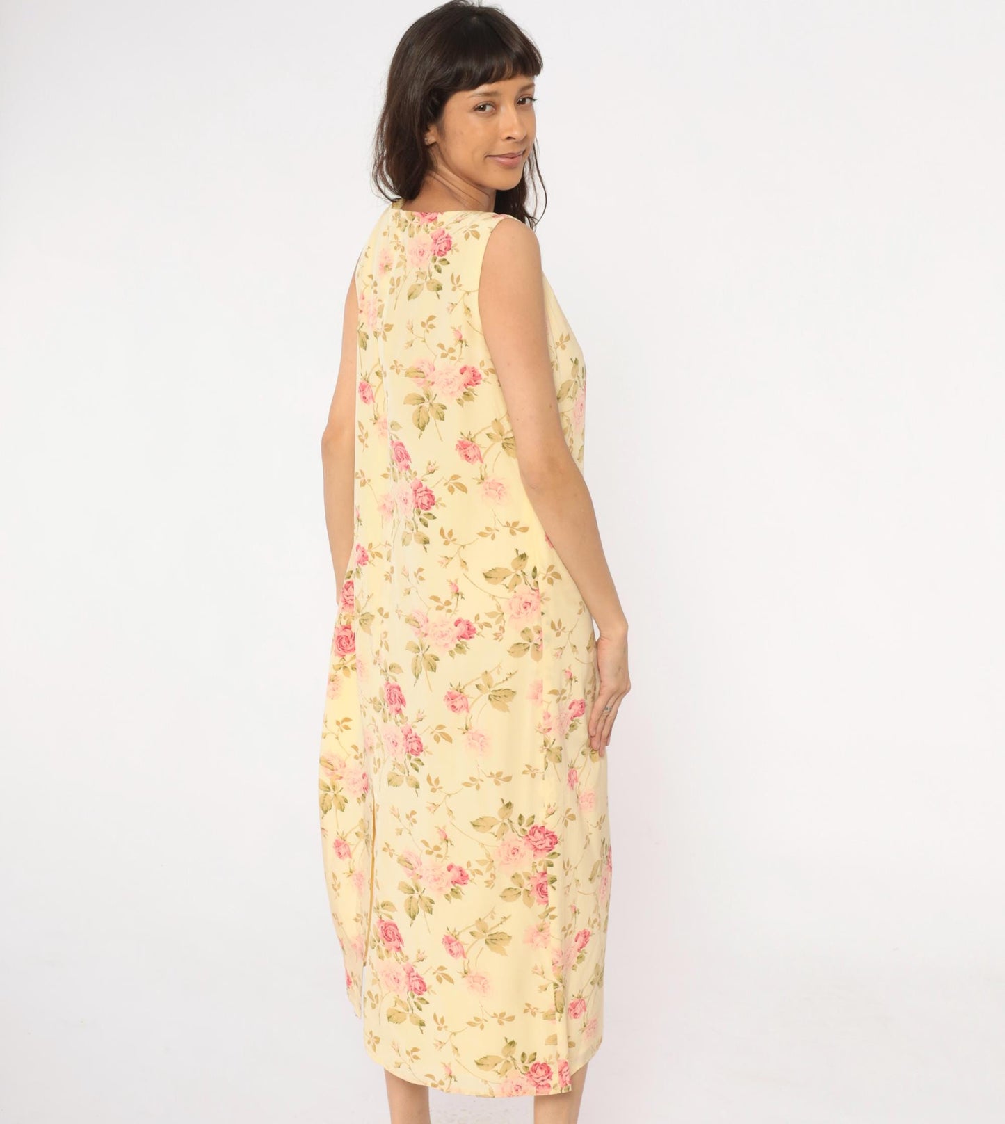 90s Silk Maxi Dress Yellow Floral Rose Print Shift Sleeveless Large L
