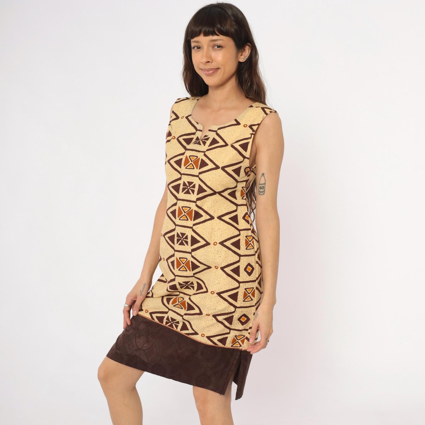 Y2K Southwestern Geometric Shift Dress Cream Brown Orange Tribal Print Extra Small XS