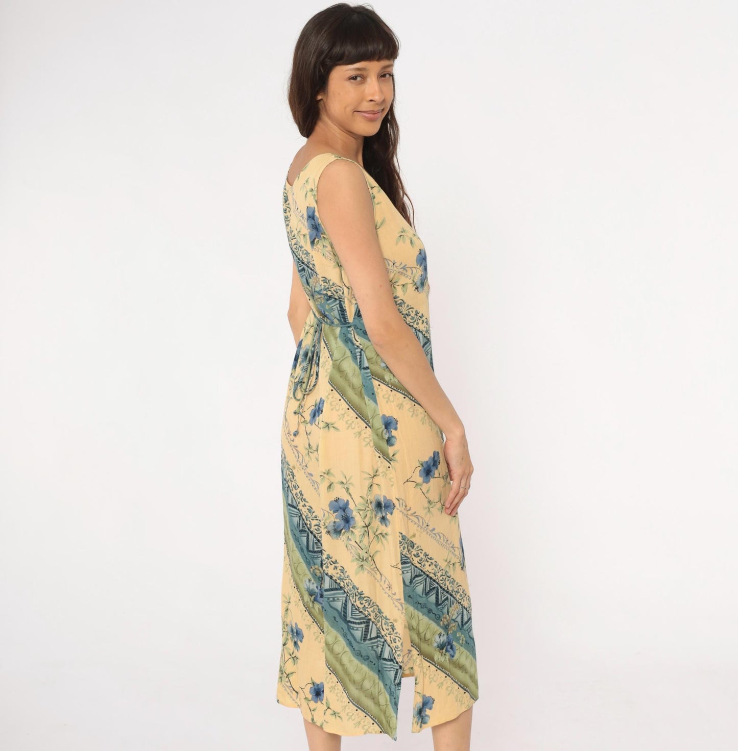 90s R&K Originals Yellow Floral Midi Dress Diagonal Stripe Tie Waist Medium M