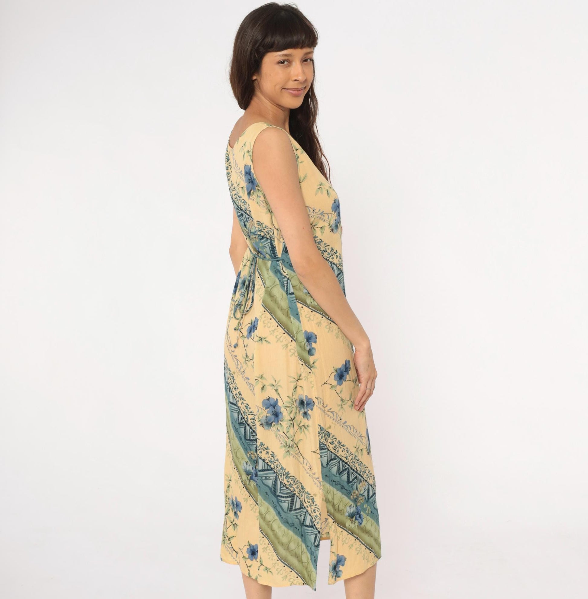 90s R&K Originals Yellow Floral Midi Dress Diagonal Stripe Tie Waist Medium M