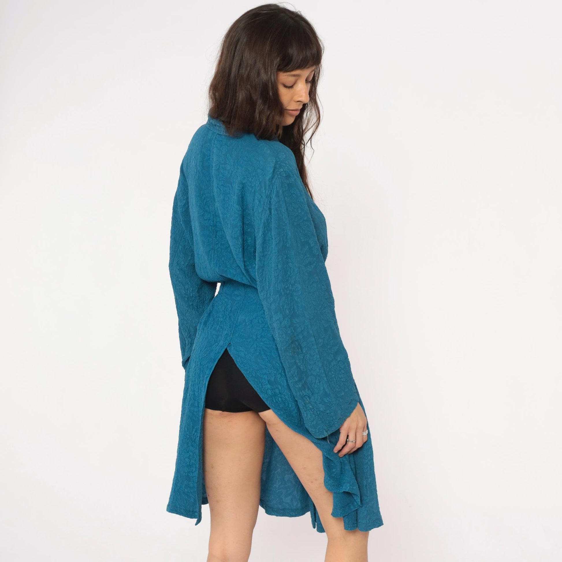 Y2K Teal Jacquard Floral Duster Robe Tie Belt Collared Long Sleeve Large