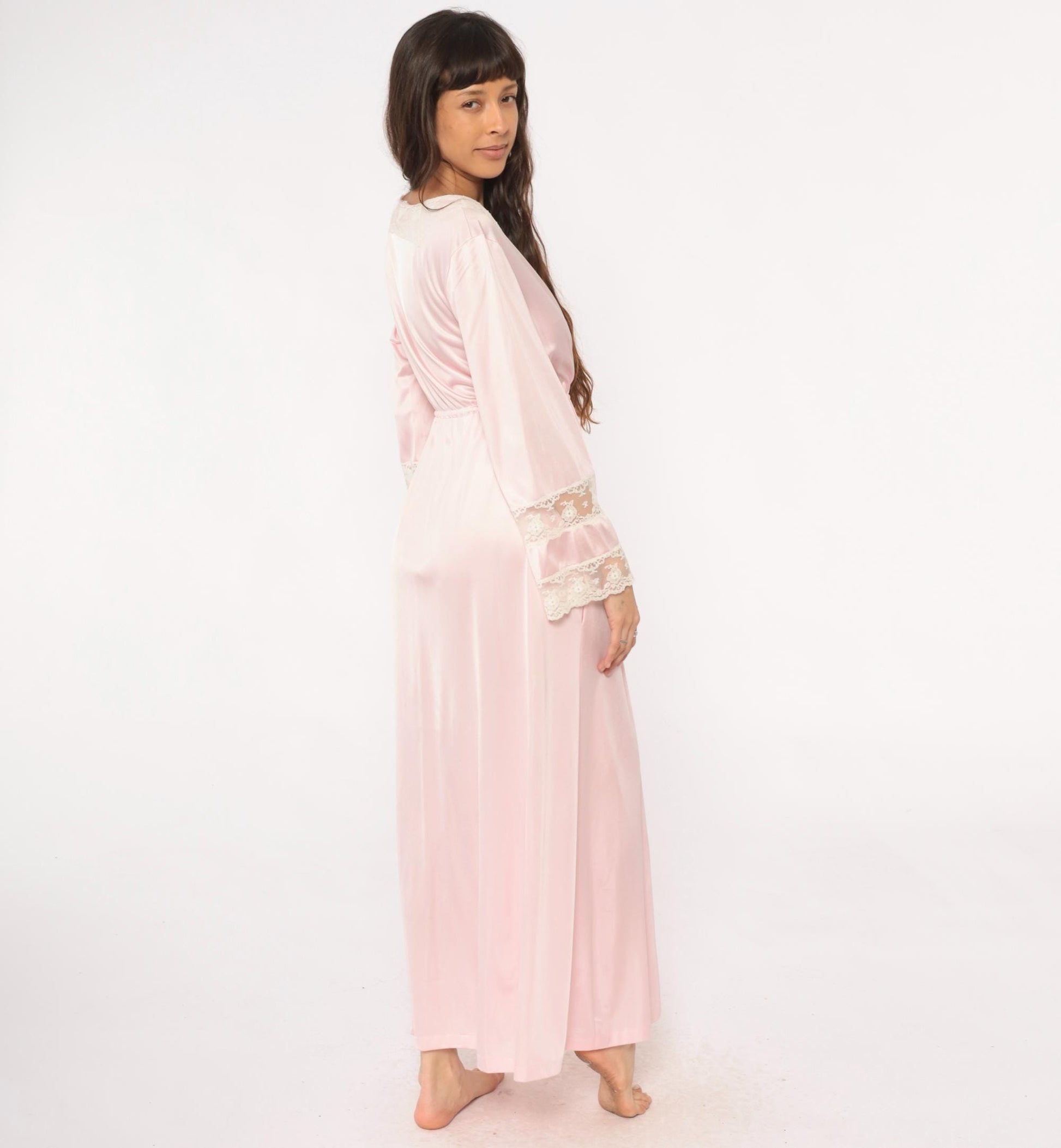 90s Pink Lace Wrap Robe Maxi Long Sleeve Tie Waist Nightgown Medium