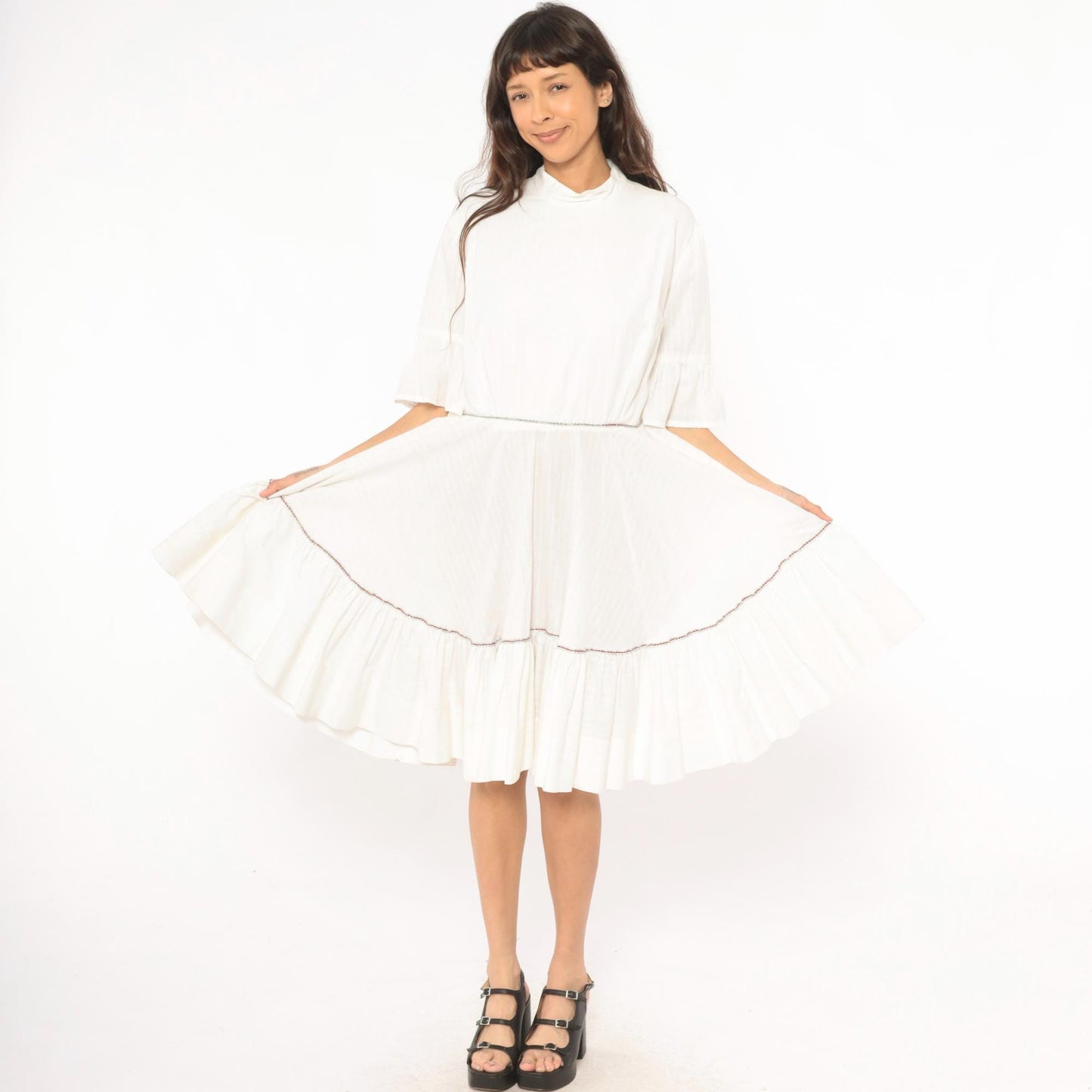 60s Ivory Prairie Dress Tiered Ruffle Bell Sleeve Cotton Knee Length Large L