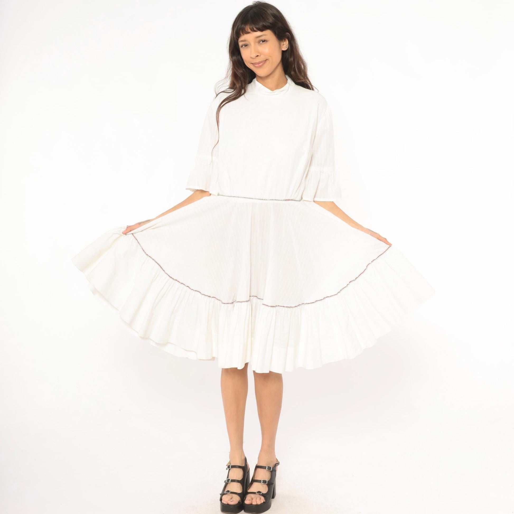 60s Ivory Prairie Dress Tiered Ruffle Bell Sleeve Cotton Knee Length Large L