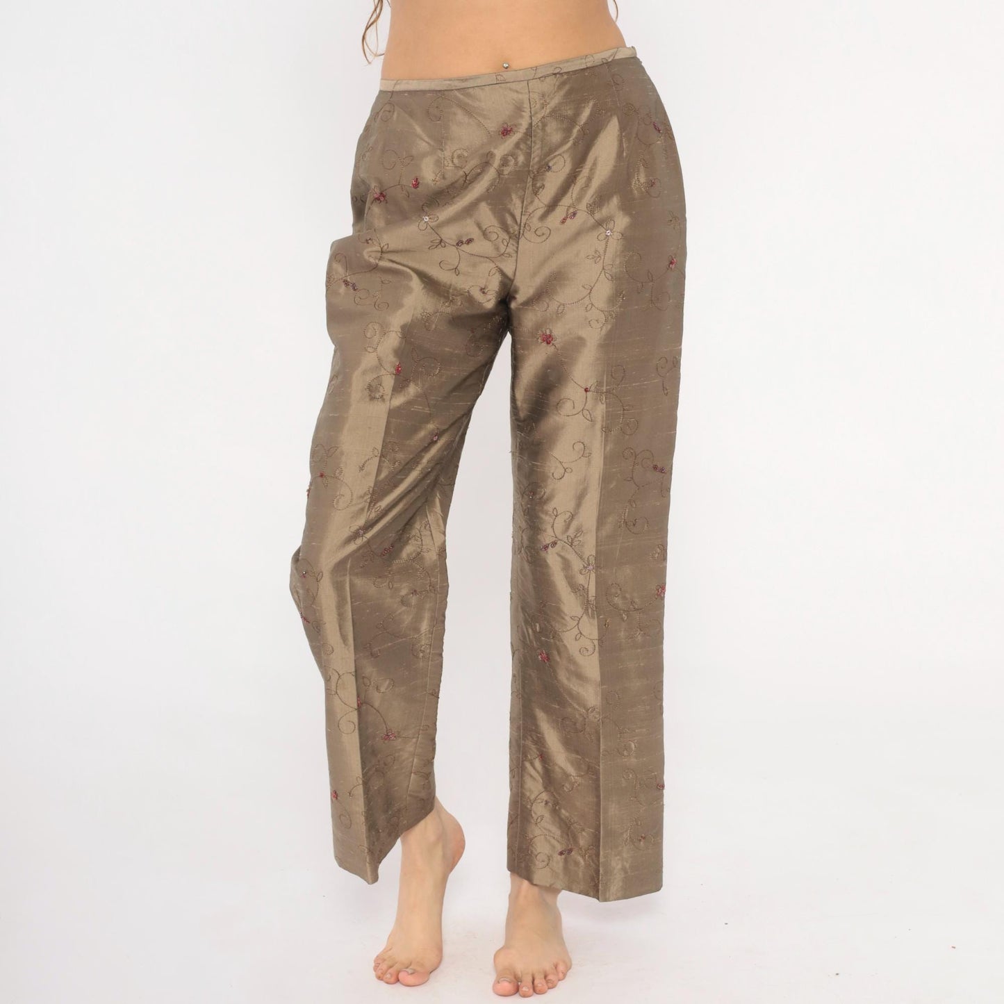 2000s Depeche Mode Silk Trousers Embroidered Floral Tan Low Rise Straight Medium M