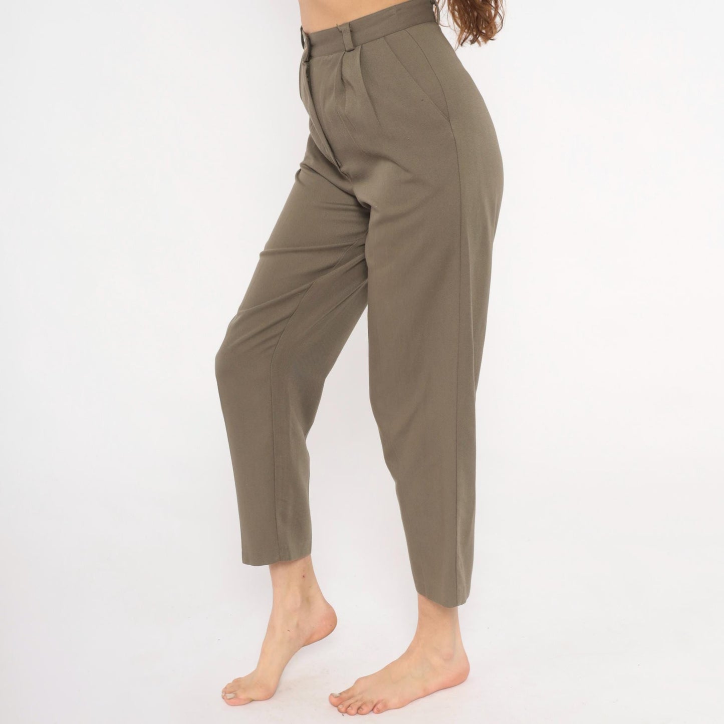 80s Olive Pleated High-Waist Trousers Tapered Ankle Cropped Slacks Extra Small XS