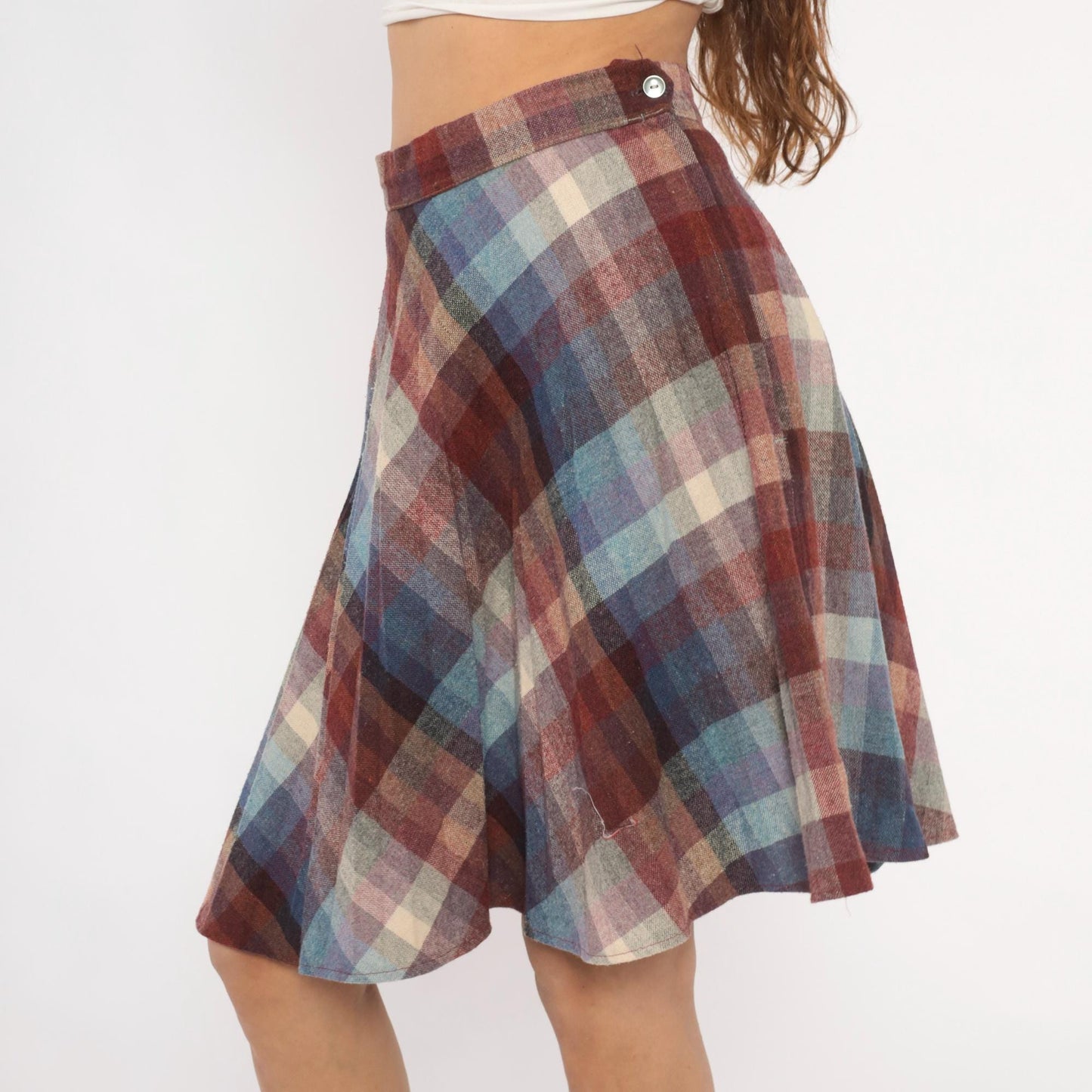 80s Plaid Wool Skirt Knee-Length A-Line Burgundy Purple Blue Checkered Medium M