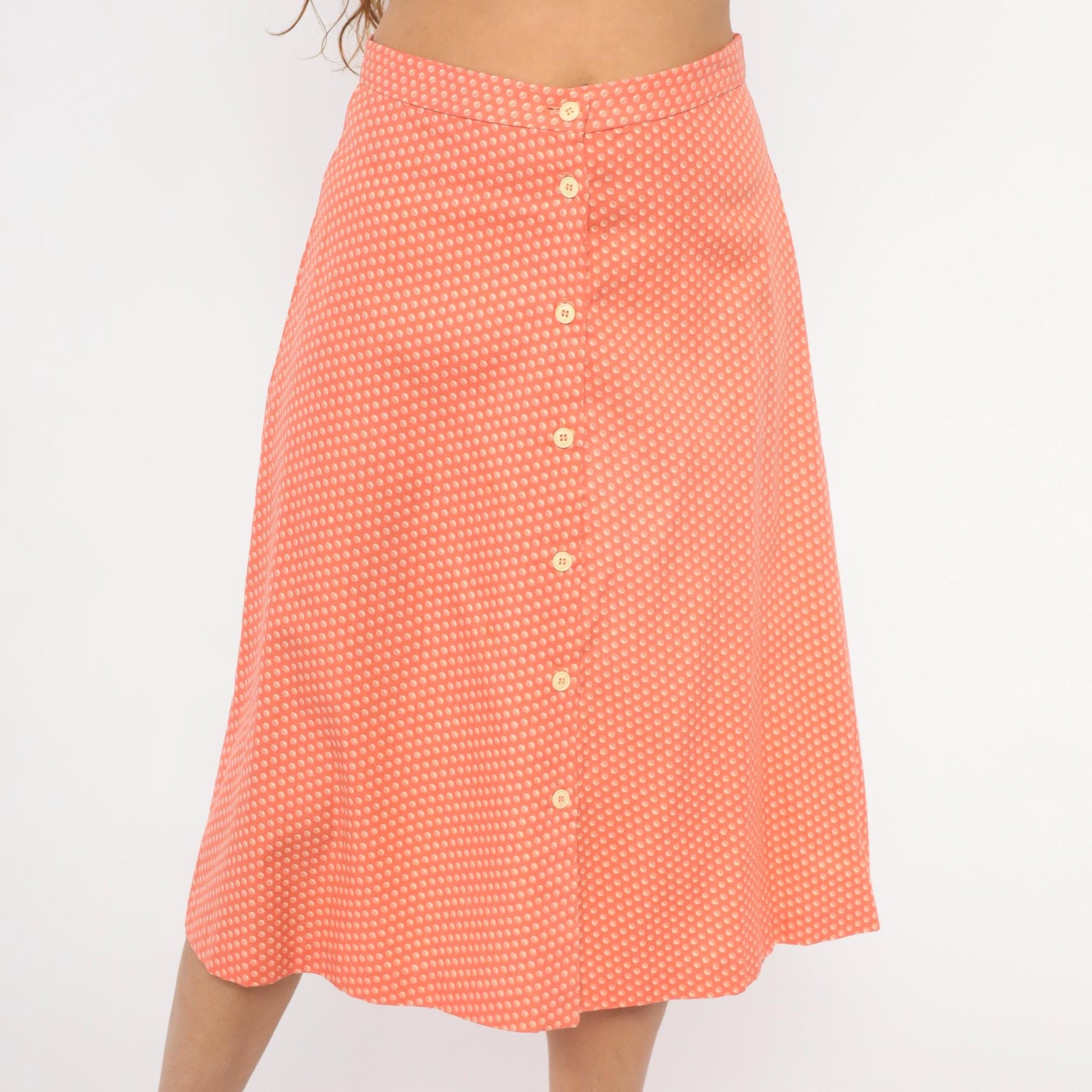 80s Coral Polka Dot A-Line Skirt Button Front High Waist Knee Length Small S