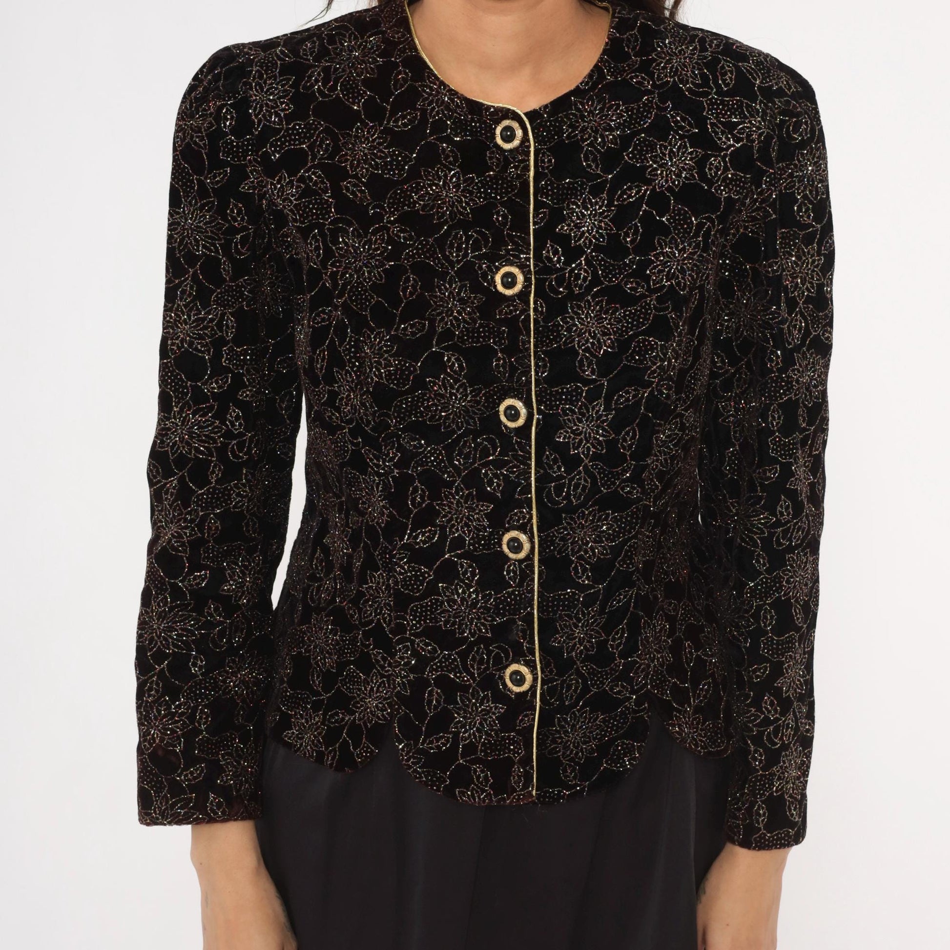 90s R & K Evening Black Velvet Jacket Gold Glitter Floral Scalloped Blazer Small S