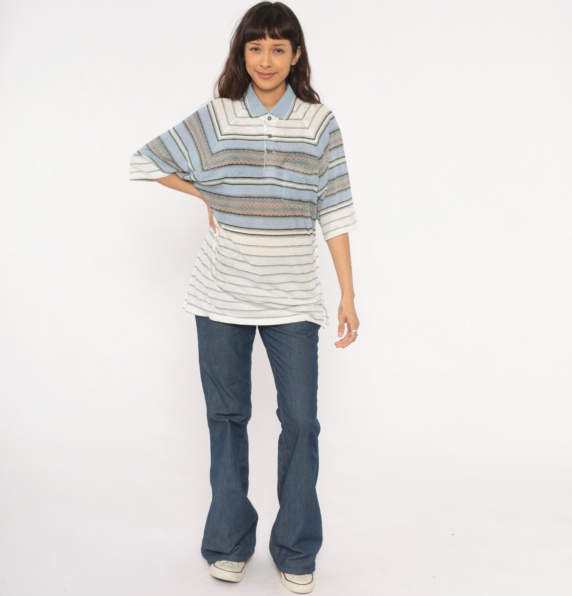 80s Grand Slam Southwestern Polo Striped Knit Diamond Jacquard Sky Blue Large L