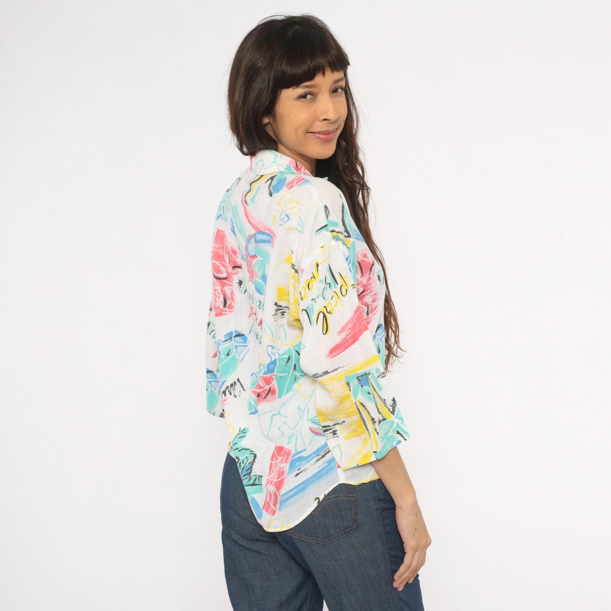 80s Touche LA Tropical Toucan Shirt White Pink Teal Bird Print Large L