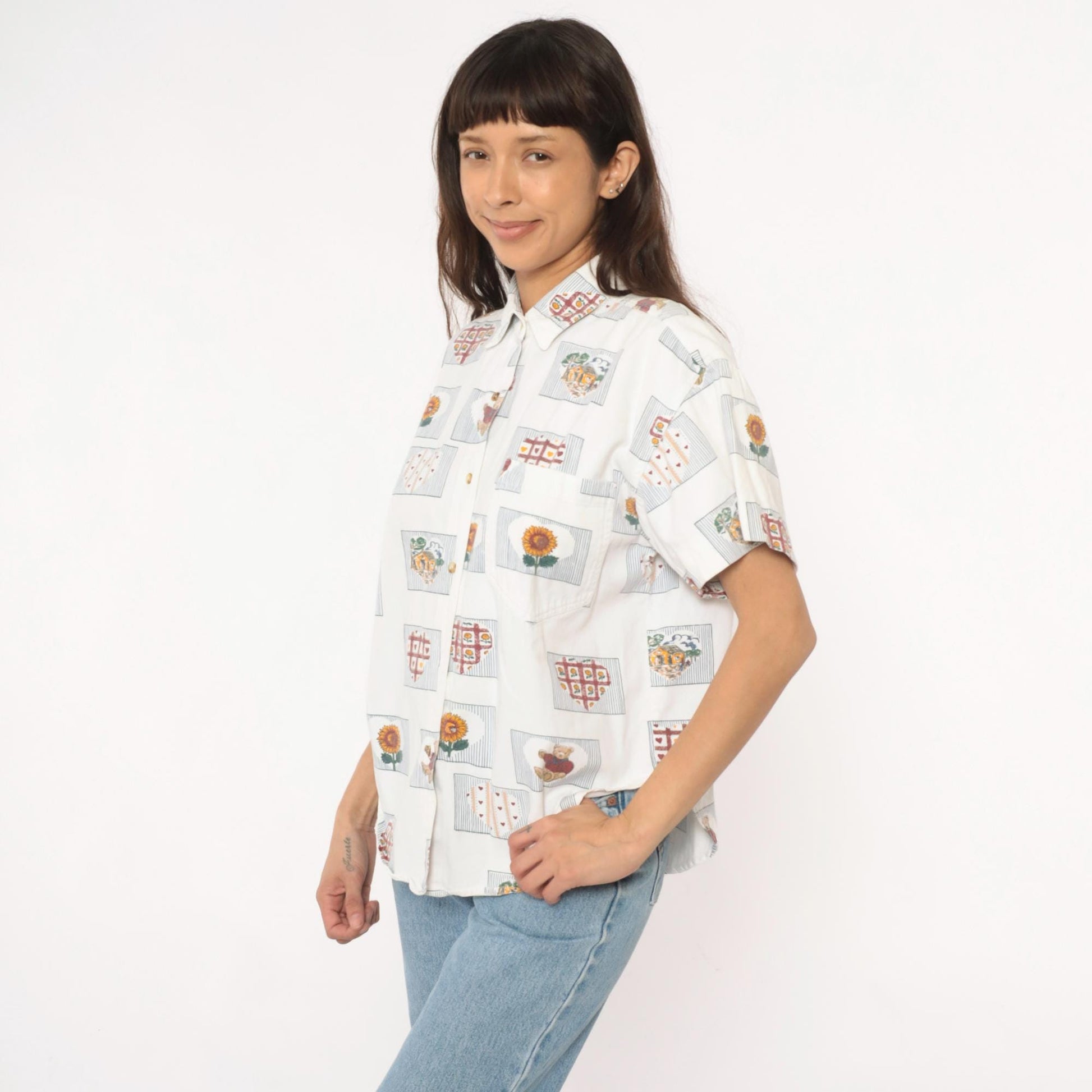 90s Cream Cotton Button-Up Shirt Sunflower Teddy Bear Heart Print Large L