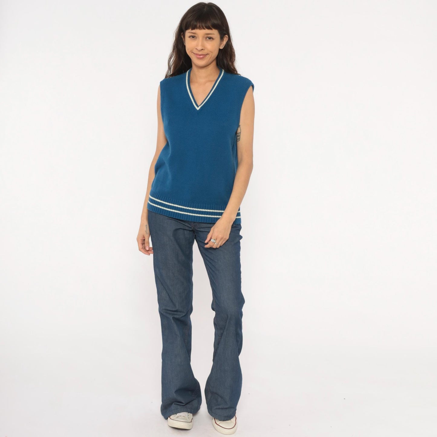 80s VIP Blue Knit Sweater Vest V-Neck Striped Trim Cricket Style Large