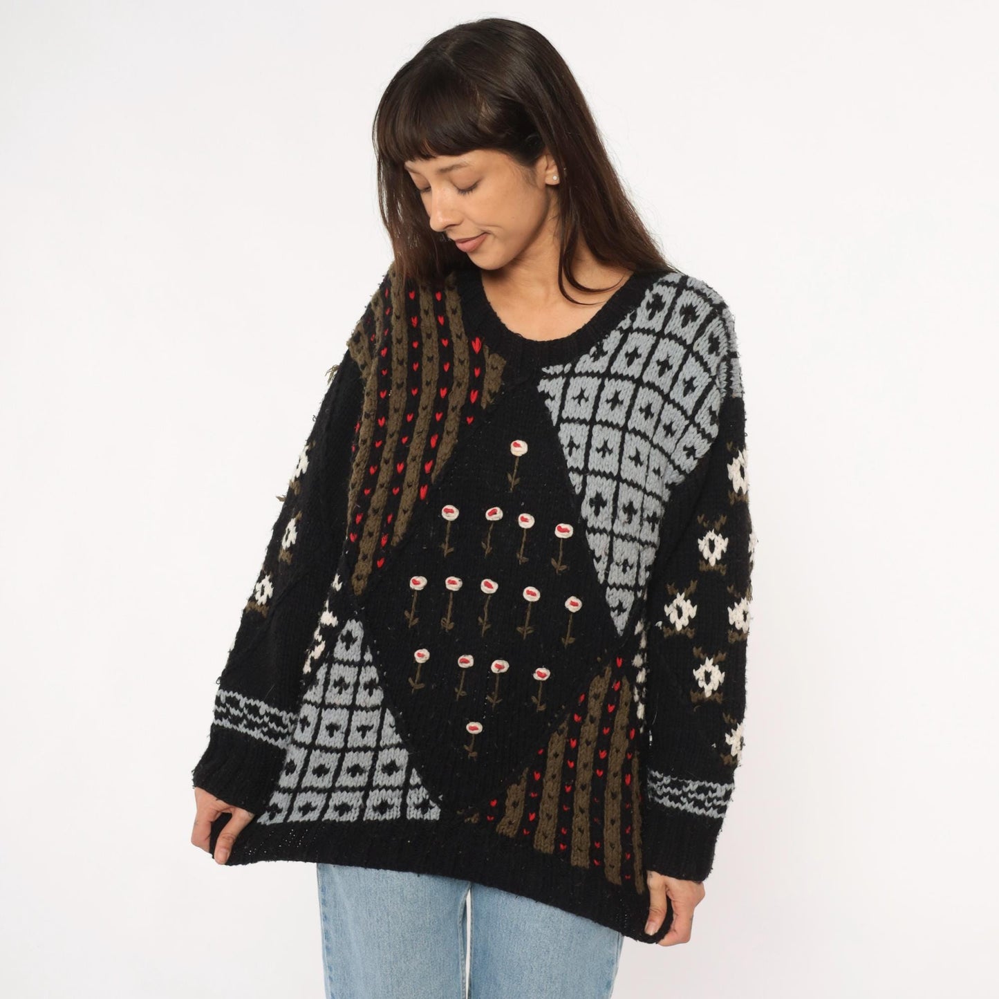 80s Midnight Blues Patchwork Knit Sweater Black Geometric Floral Small