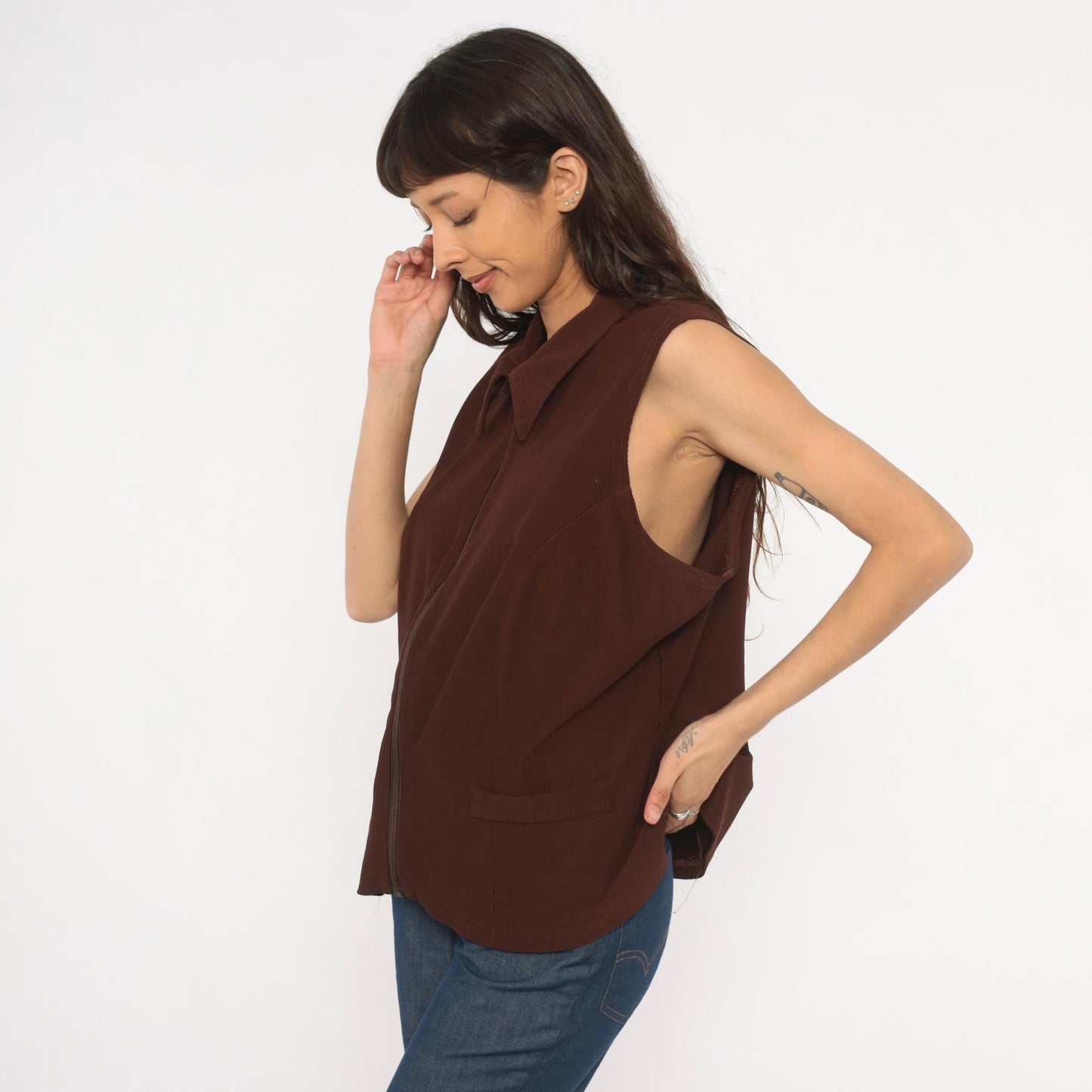 90s New Woman Brown Ribbed Knit Vest Pointed Collar Zip-Front Extra Large XL