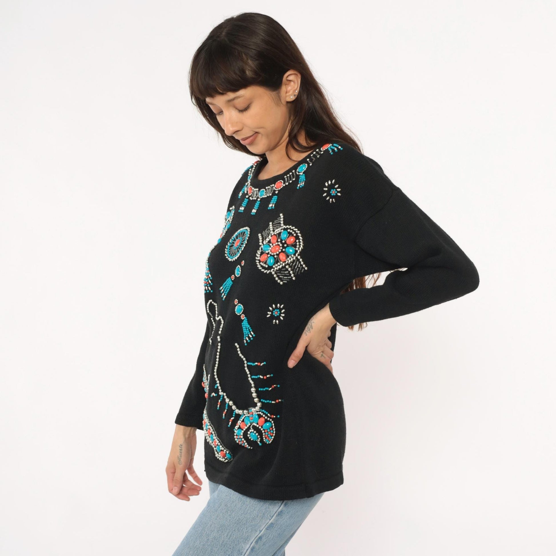 90s Victoria Jones Southwestern Sweatshirt Black Beaded Turquoise Coral Large L