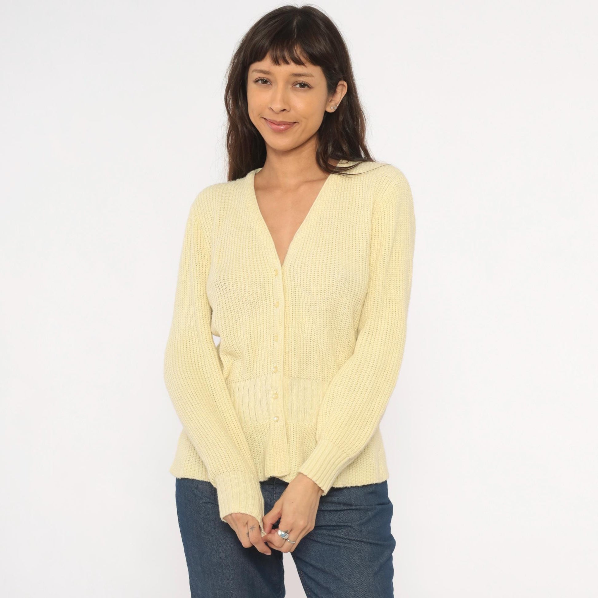70s Avon Fashions Cardigan Sweater V Neck Cream Ribbed Knit Medium M