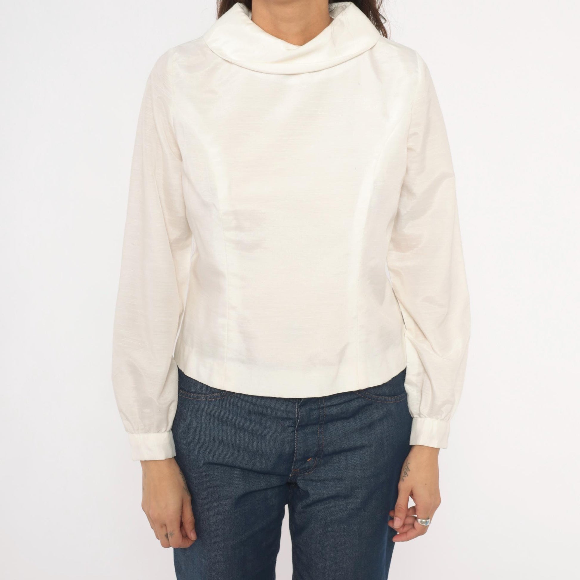 70s Cream Cowl Neck Blouse Balloon Sleeve Back Button Cropped Top Medium M