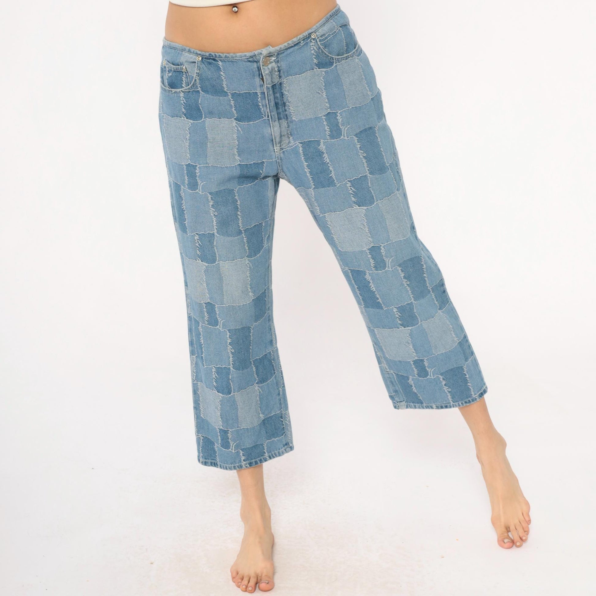 Y2K Carolina Blues Patchwork Denim Jeans Cropped Light Blue Medium M