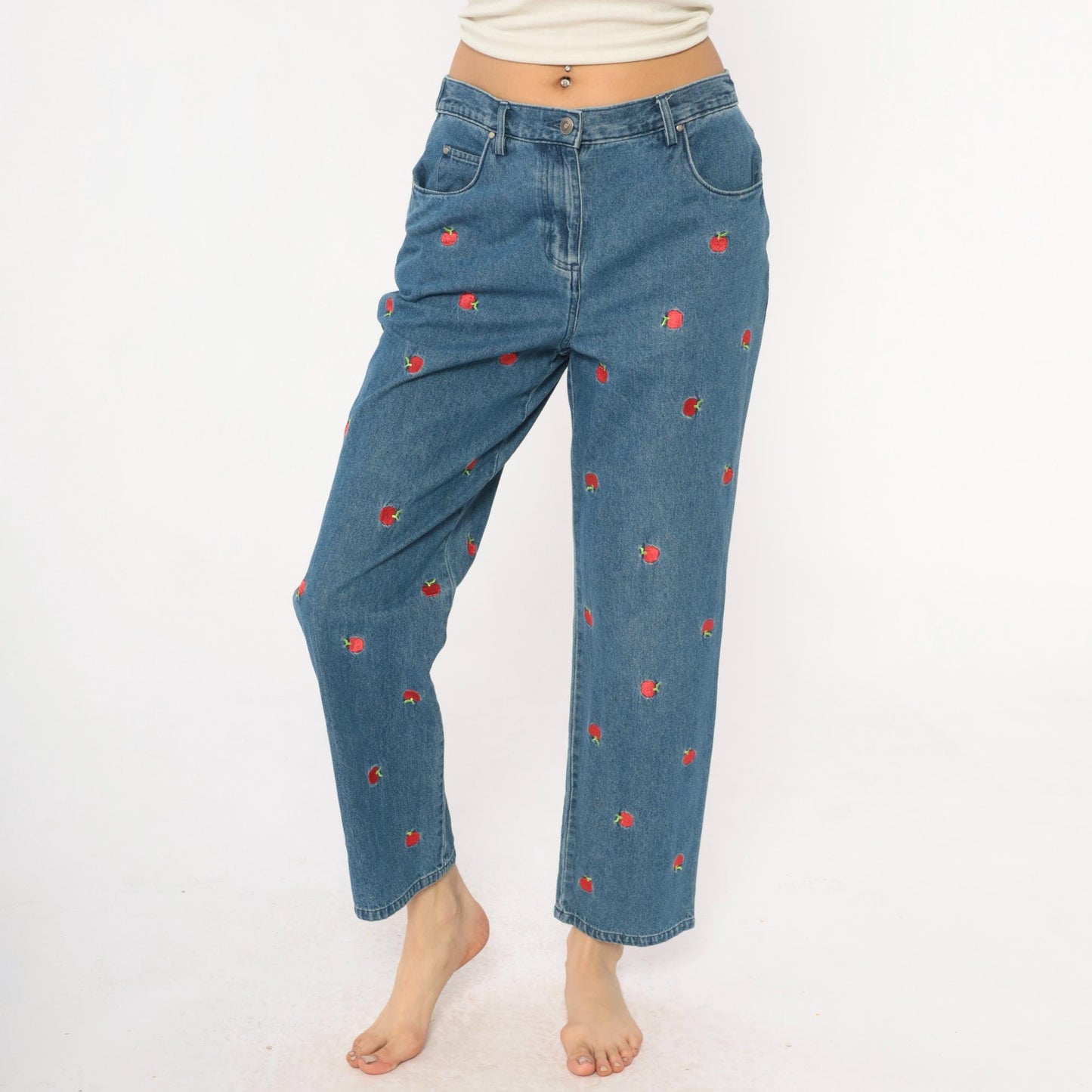 90s Breckenridge Petite Apple Embroidered Jeans Cropped High Waist Blue Small