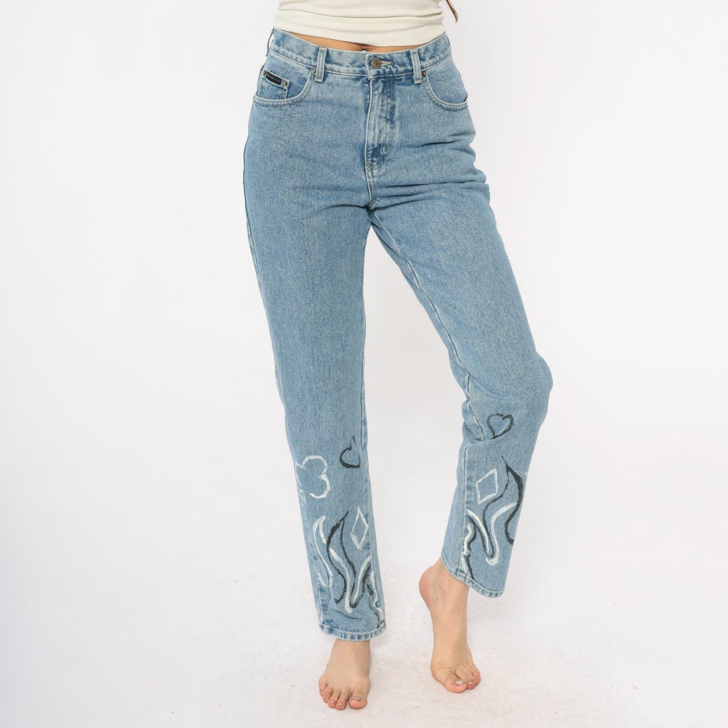 Y2K Light Wash Flame Painted Jeans High Waisted Straight Leg Size 6