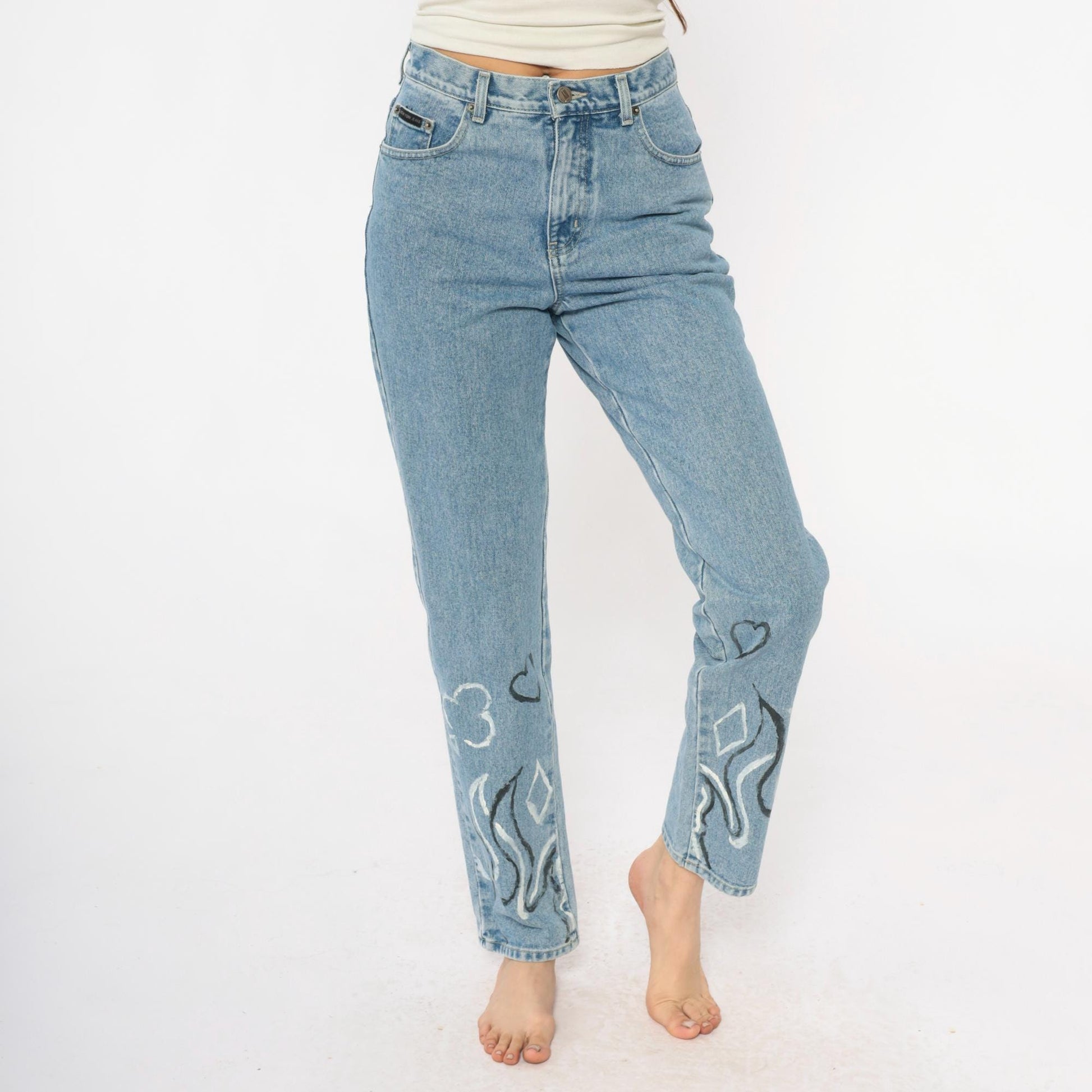 Y2K Light Wash Flame Painted Jeans High Waisted Straight Leg Size 6