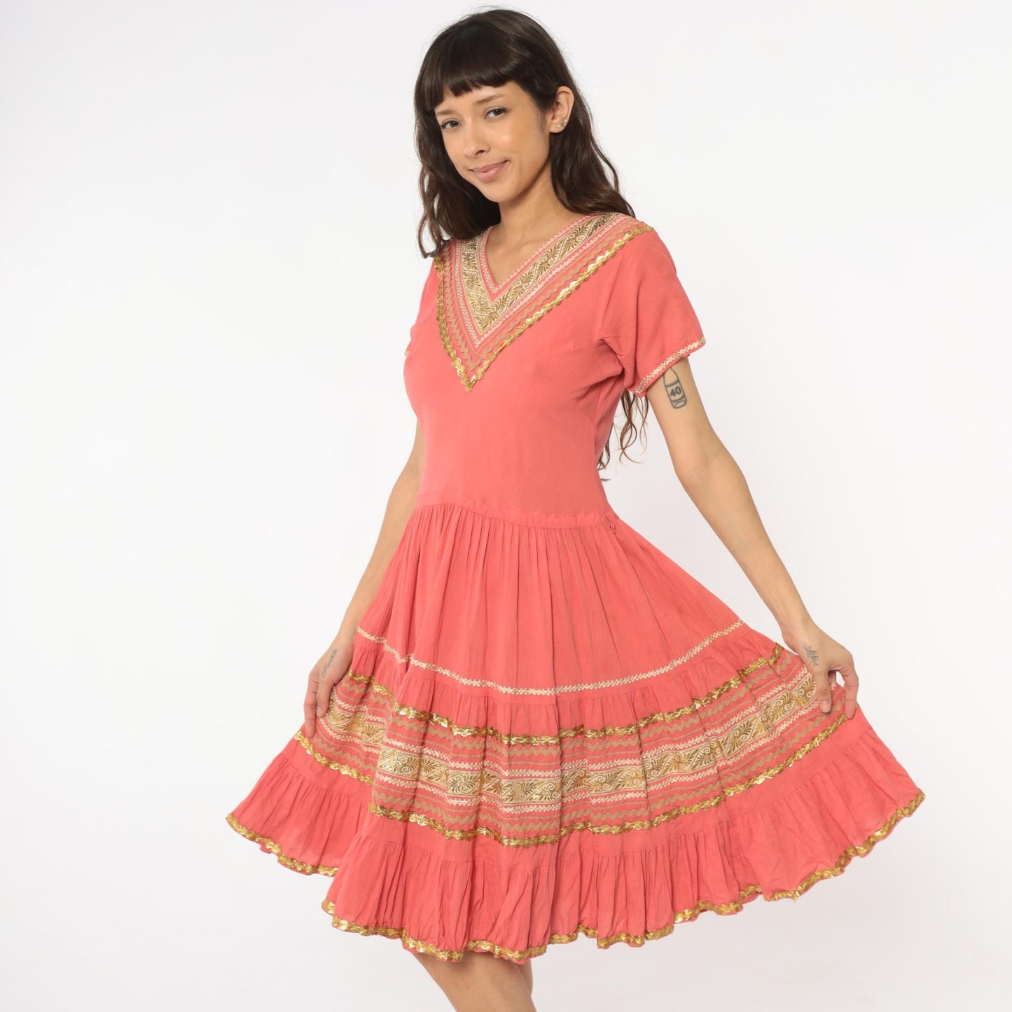 60s Faye Creations Prairie Dress Coral Pink Gold Trim Tiered Cotton Medium M