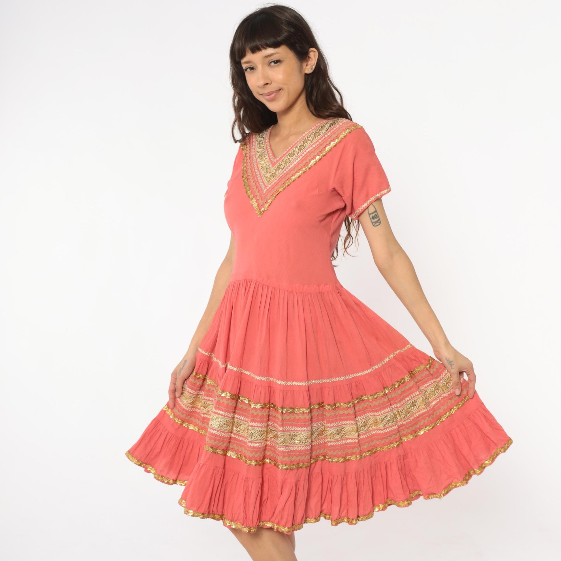 60s Faye Creations Prairie Dress Coral Pink Gold Trim Tiered Cotton Medium M
