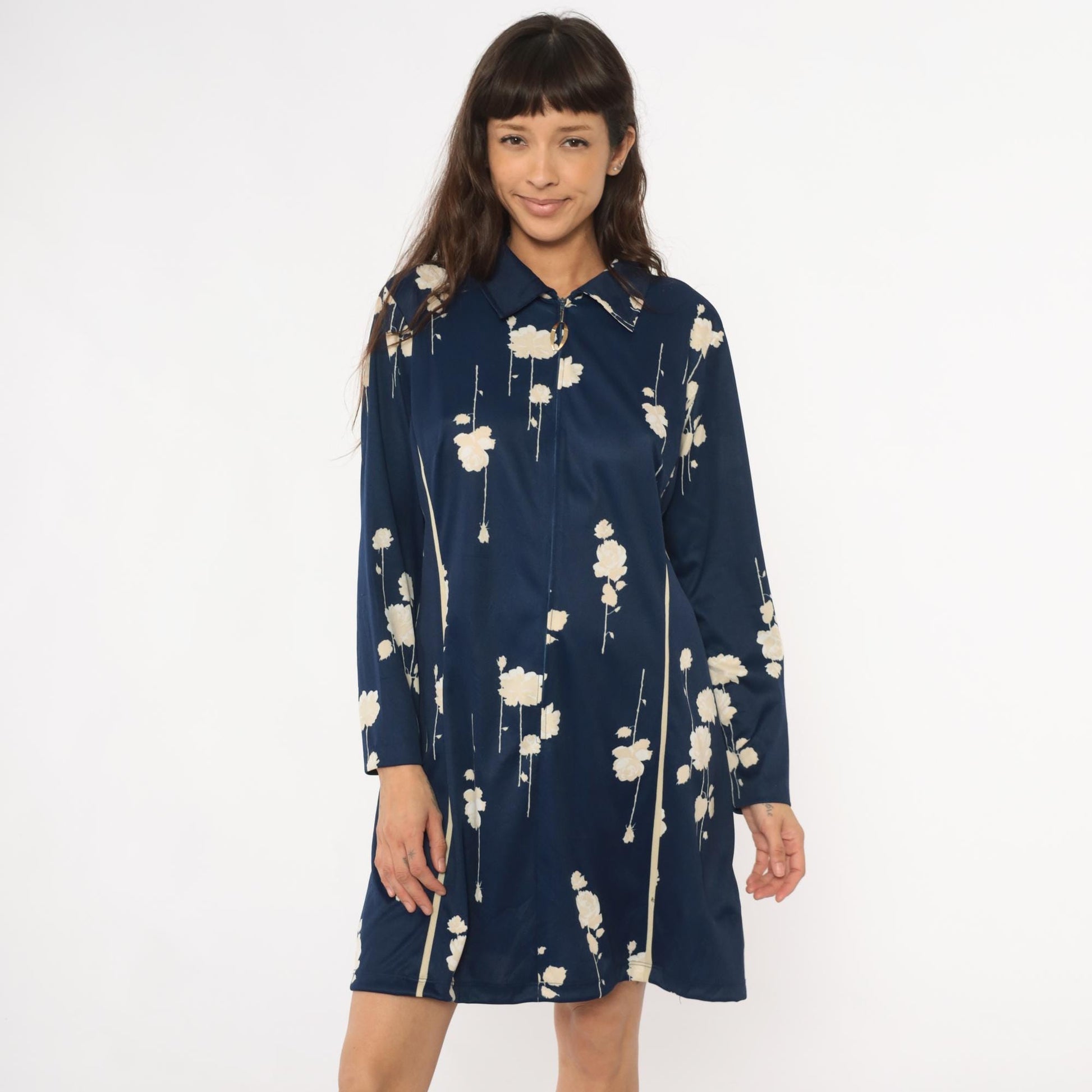 70s Lorac Floral Shirt Dress Dark Blue Cream Pointed Collar Knee Length Medium