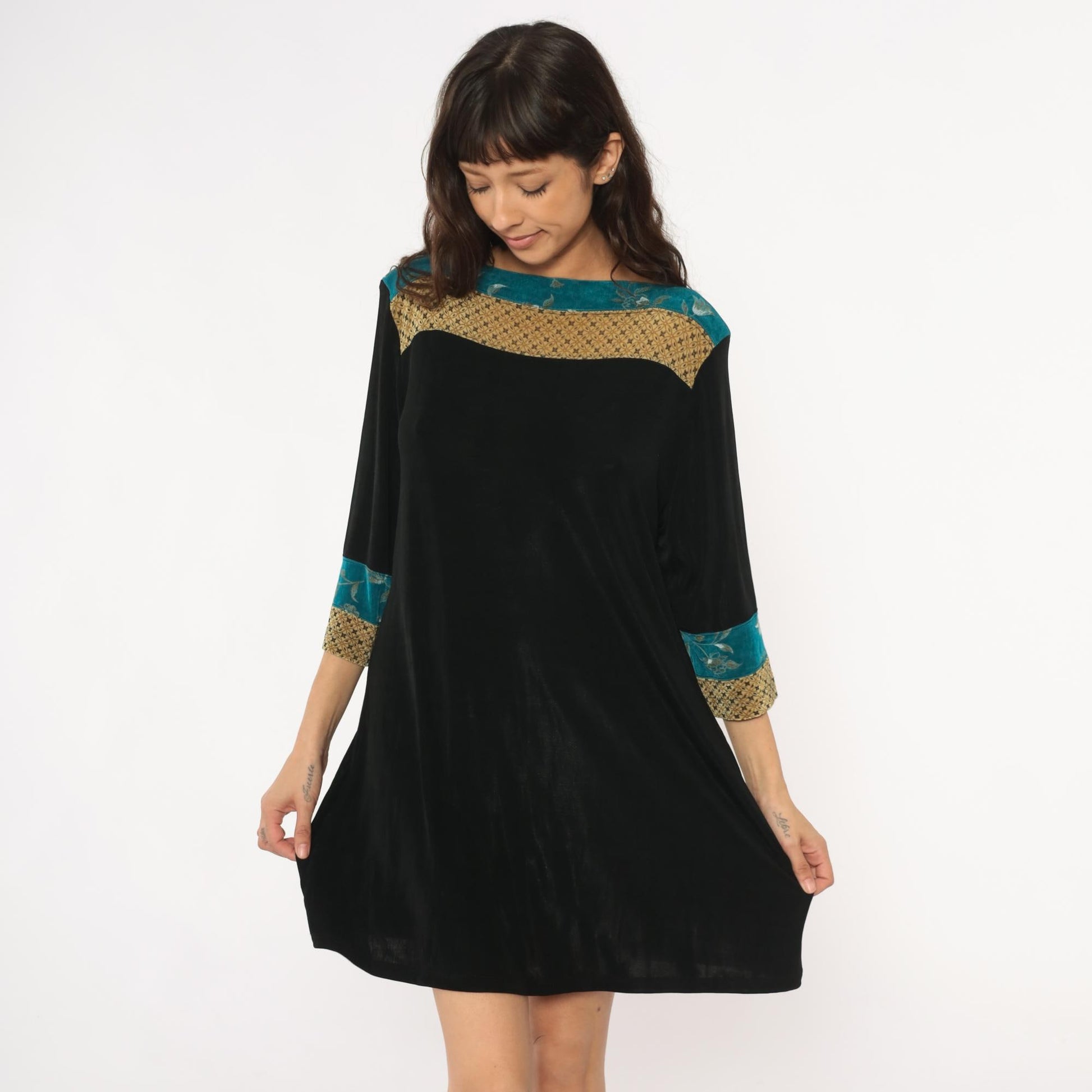 90s Vikki Vi Mini Dress Black Teal Floral Gold Colorblock Large L