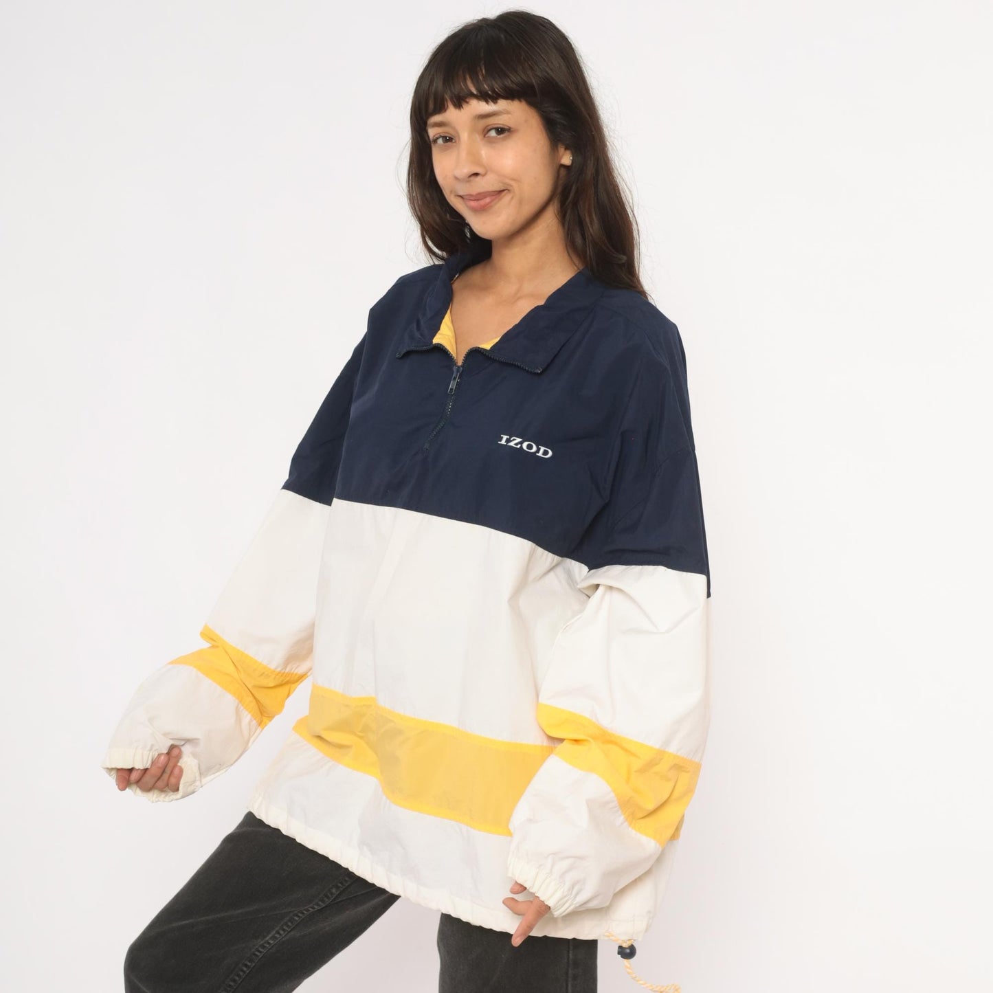 90s Izod Windbreaker Navy White Gold Color Block Half Zip Pullover Large L