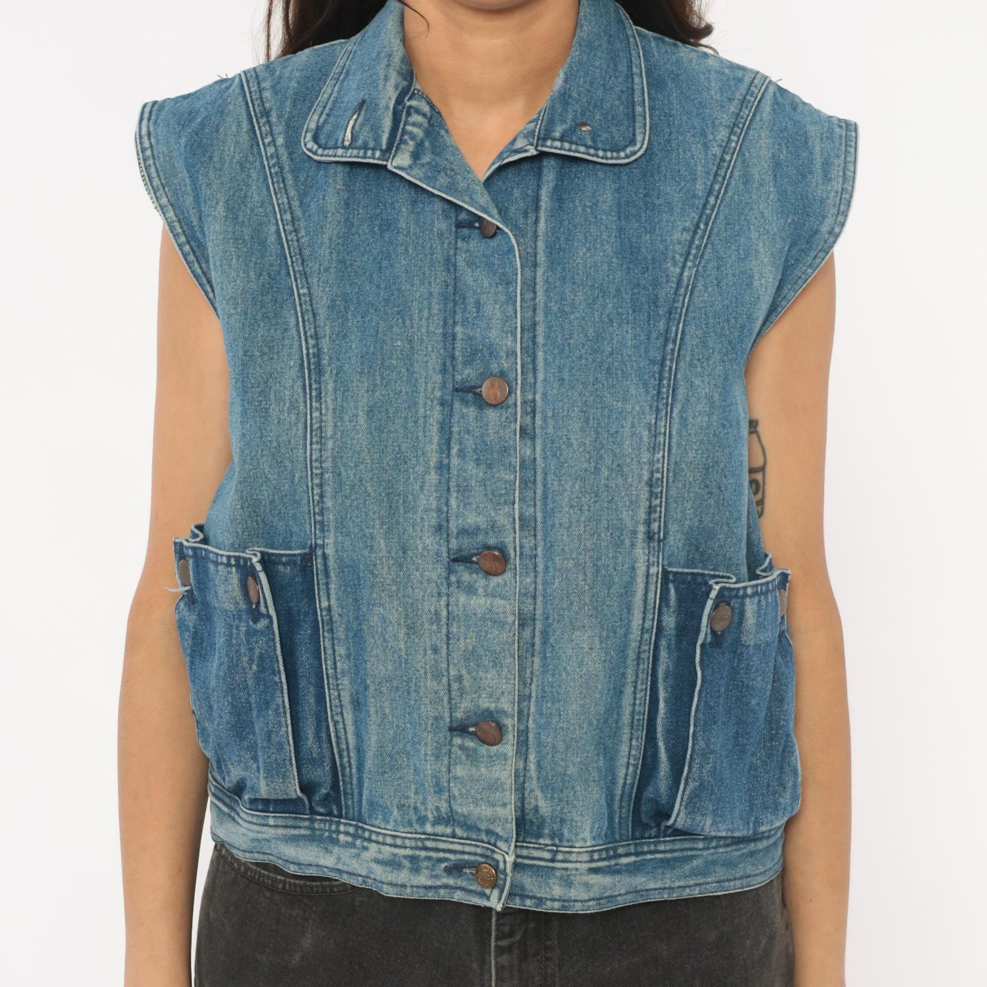 80s Mais Oui Denim Vest Pointed Collar Crop Blue Medium M