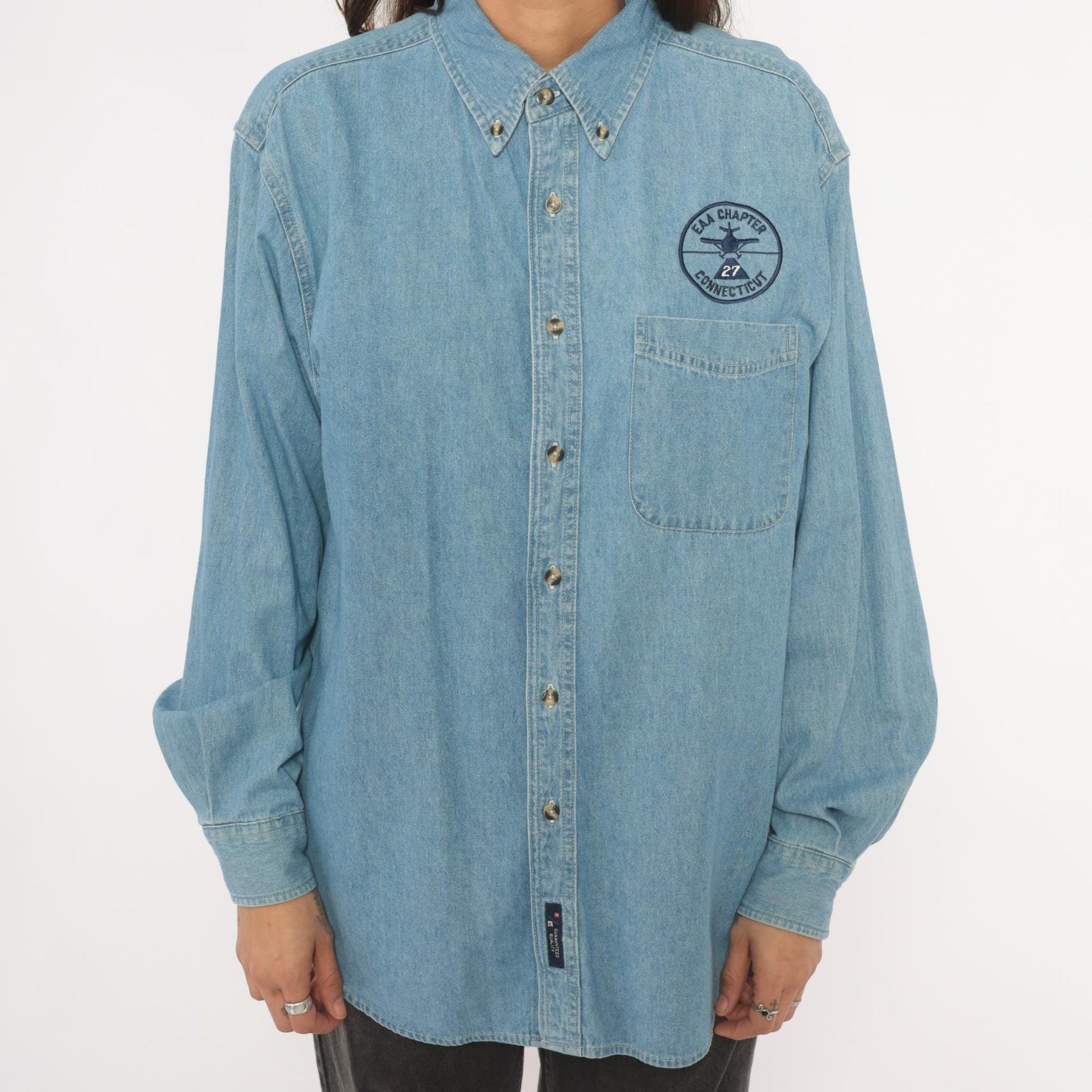 2000s Port and Company Aviation Patch Denim Shirt Light Wash Blue Medium M