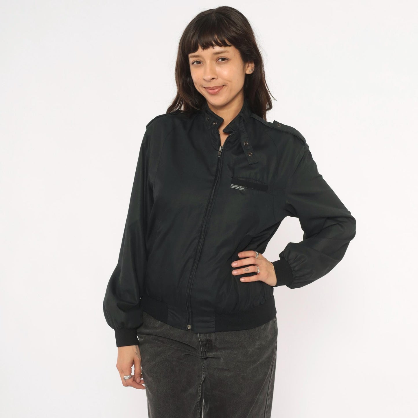 80s Hampton Country Club Black Bomber Jacket Snap Collar Epaulette Extra Small XS