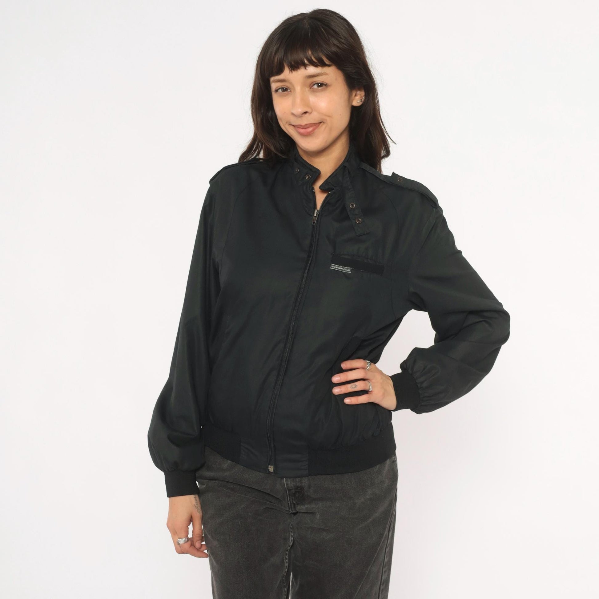 80s Hampton Country Club Black Bomber Jacket Snap Collar Epaulette Extra Small XS