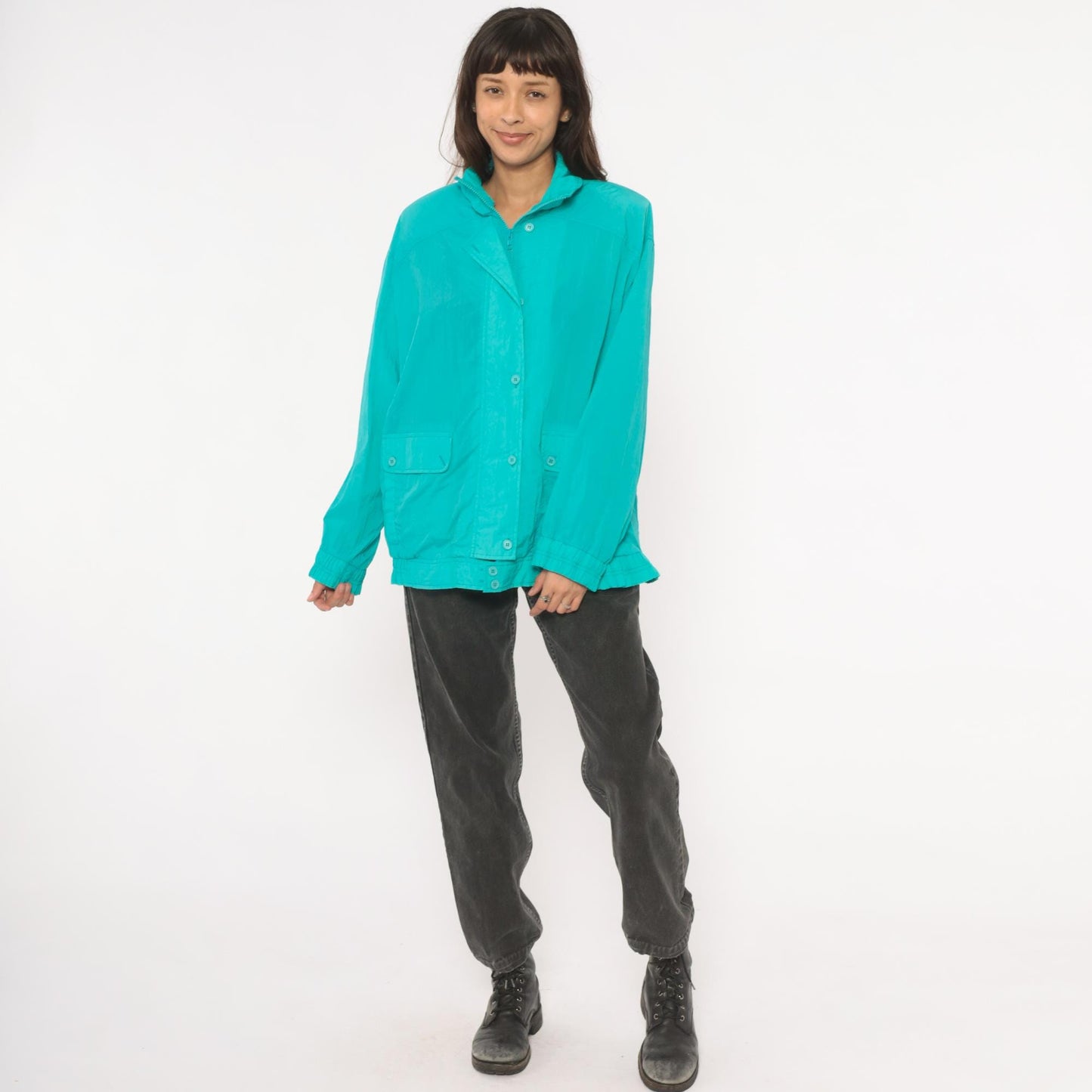 90s Koret Francisca Teal Windbreaker Jacket Raglan Snap Placket Large L