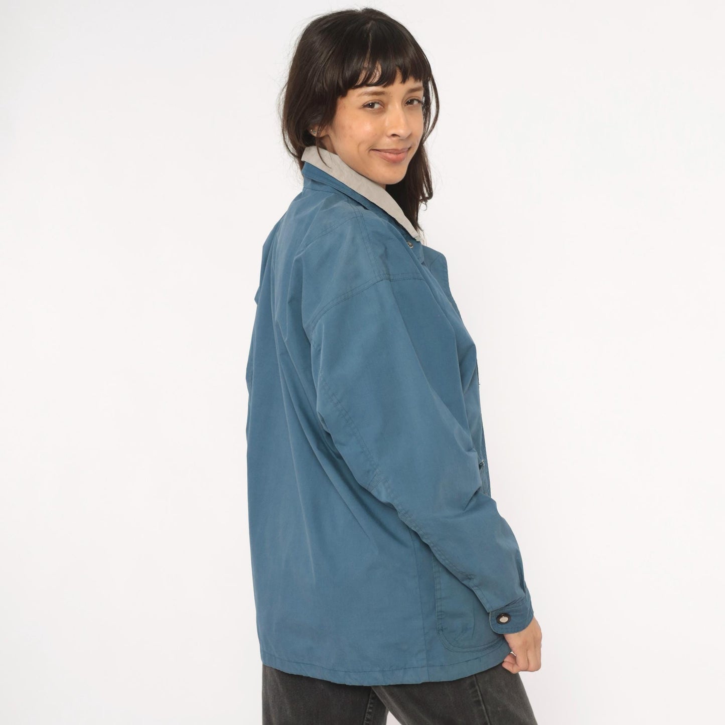80s Whitefish Bay Slate Blue Field Jacket Grey Lined Utility Coat Small S