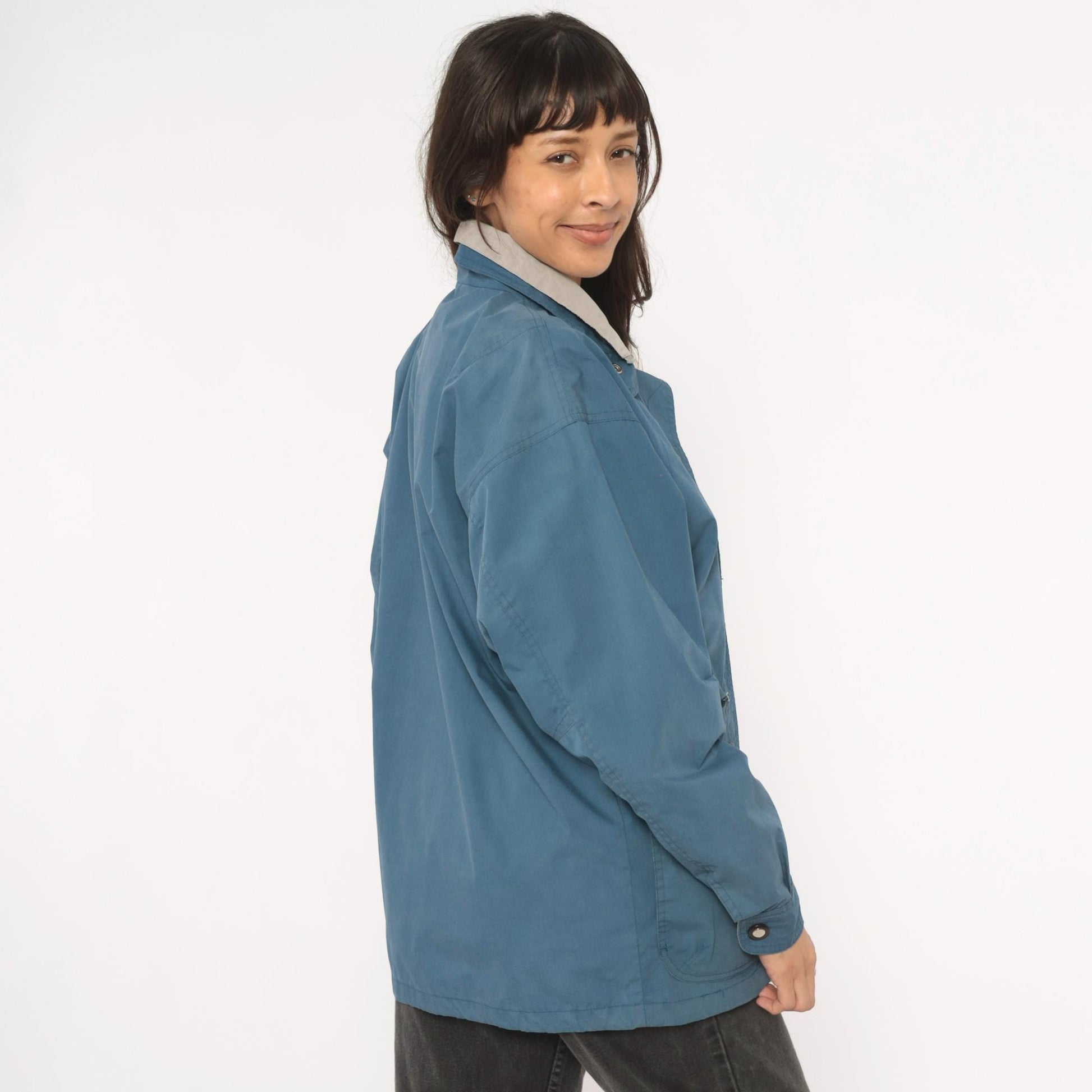 80s Whitefish Bay Slate Blue Field Jacket Grey Lined Utility Coat Small S