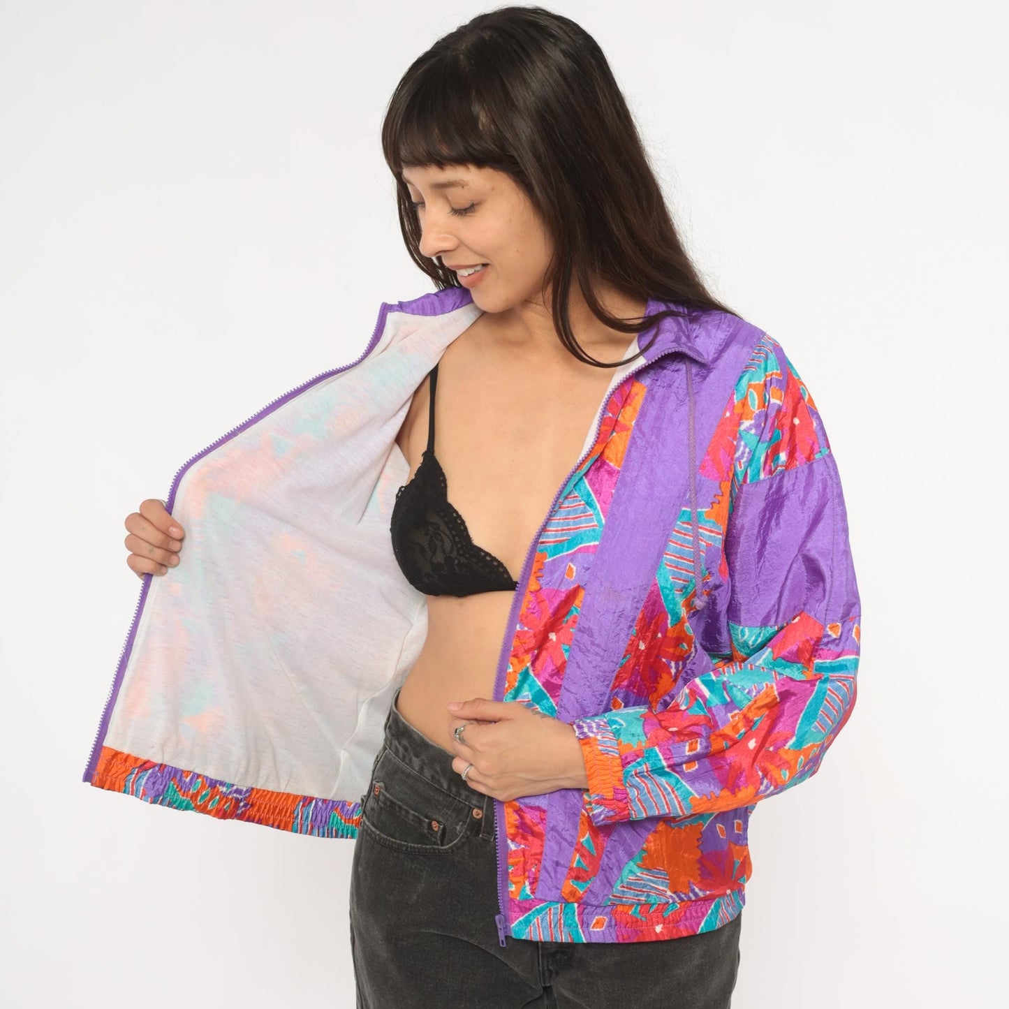 90s Aviat Sportif Windbreaker Purple Geometric Floral Print Small