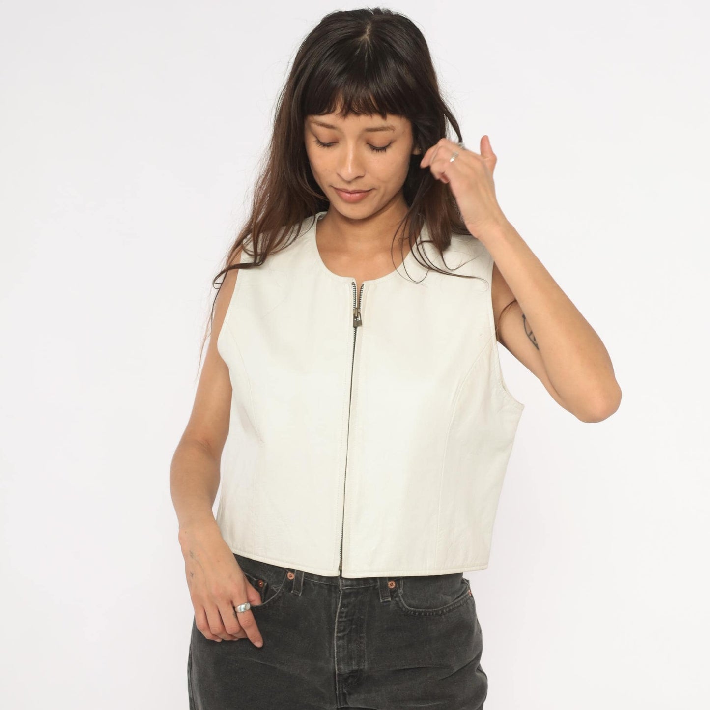 90s Sigrid Olsen White Leather Vest Zip Front Cropped Scoop Neck Medium M